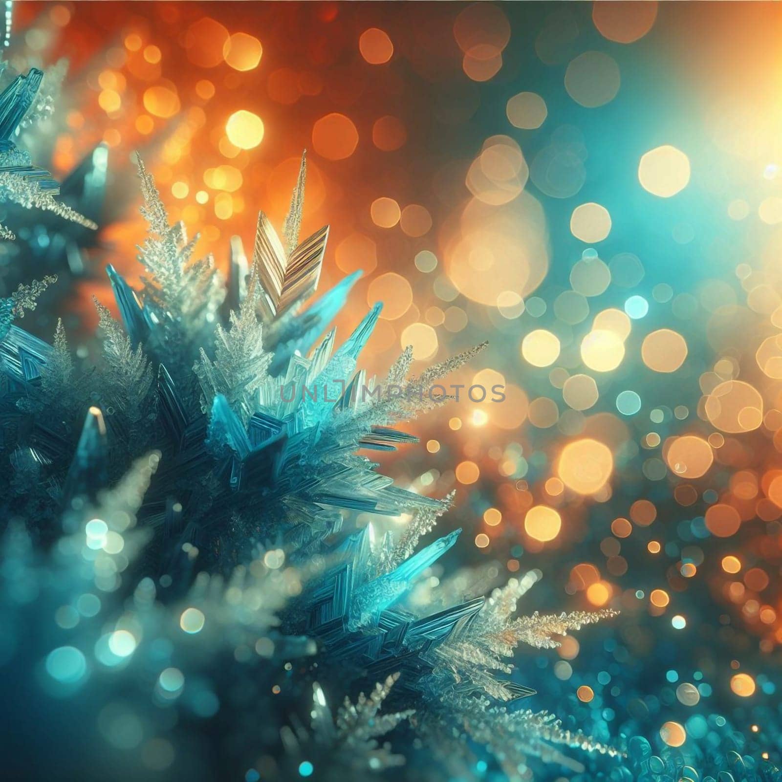 Macro shot of icy crystals with a teal and white color scheme, set against a bokeh background. A high-quality AI-generated photo.