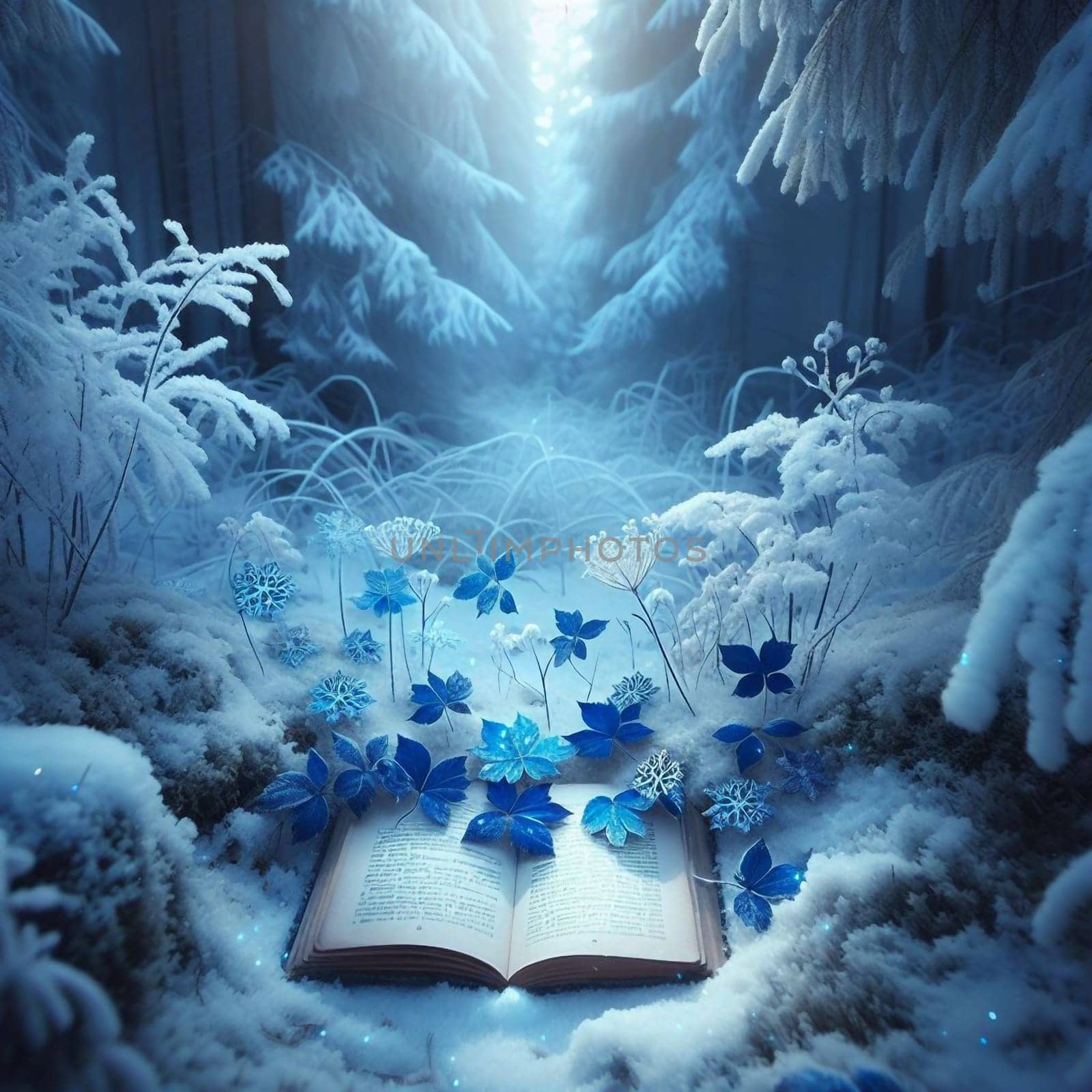 A magical winter scene with a book lying open in the snow, surrounded by blue and white flowers and snowy foliage. A high-quality AI-generated photo.