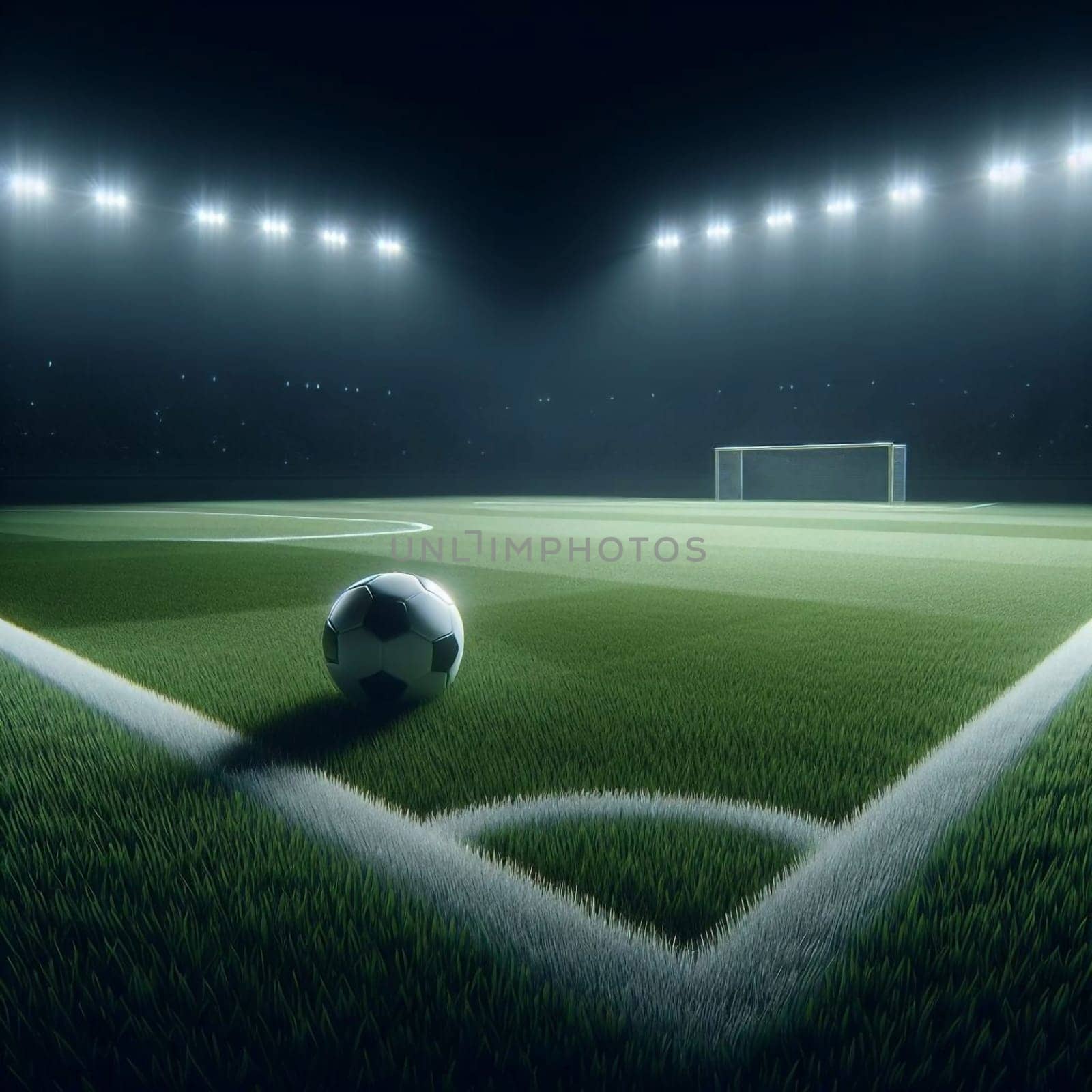 A soccer ball sits on a well-maintained grass field at night, illuminated by bright stadium lights. A high-quality AI-generated photo.