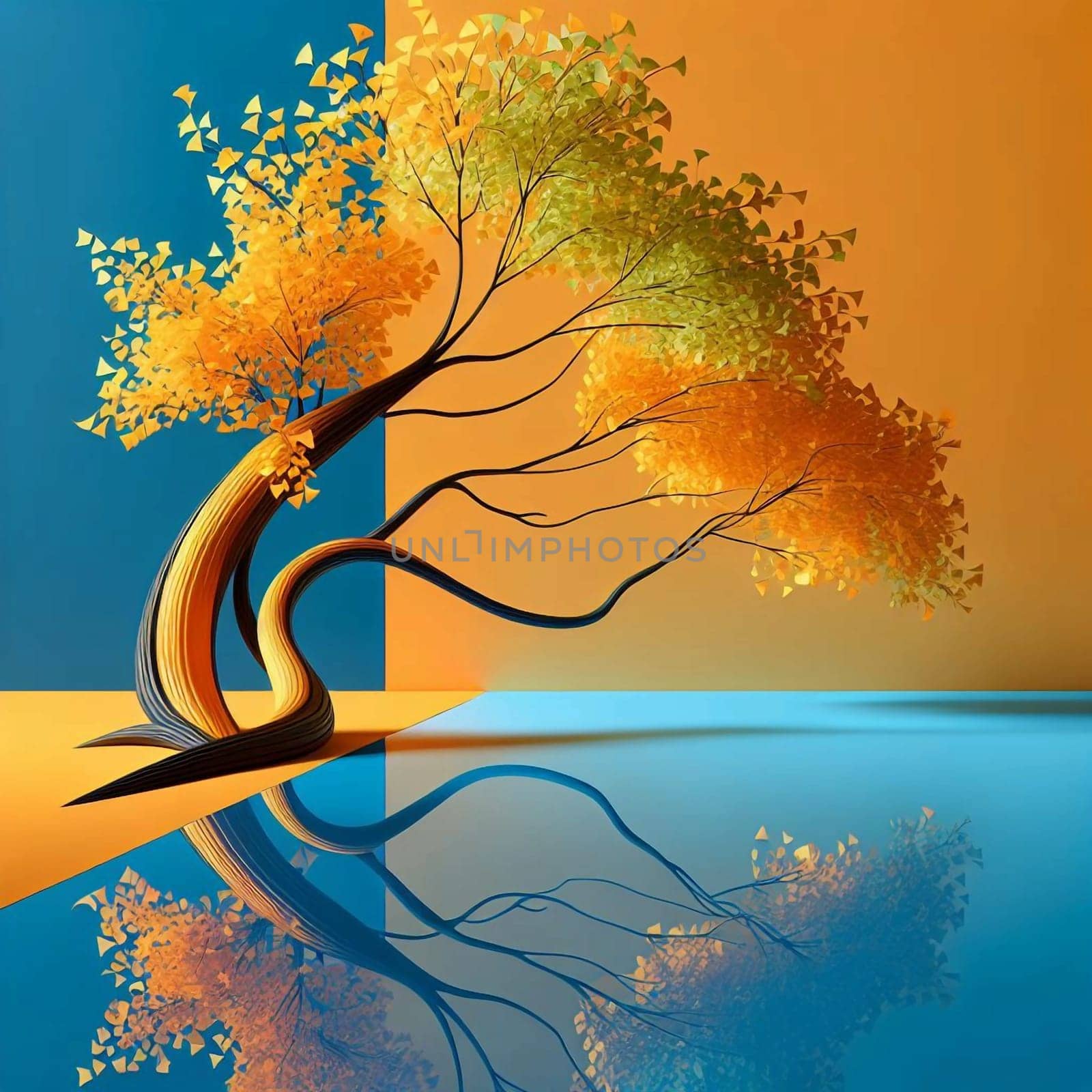 Stylized digital painting of a tree with orange and green leaves, bending over a reflective surface. A high-quality AI-generated photo.