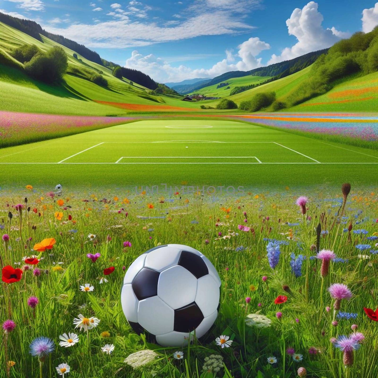 A soccer ball rests in a field of wildflowers, with a soccer field in the background and a picturesque mountainous landscape. A high-quality AI-generated photo.