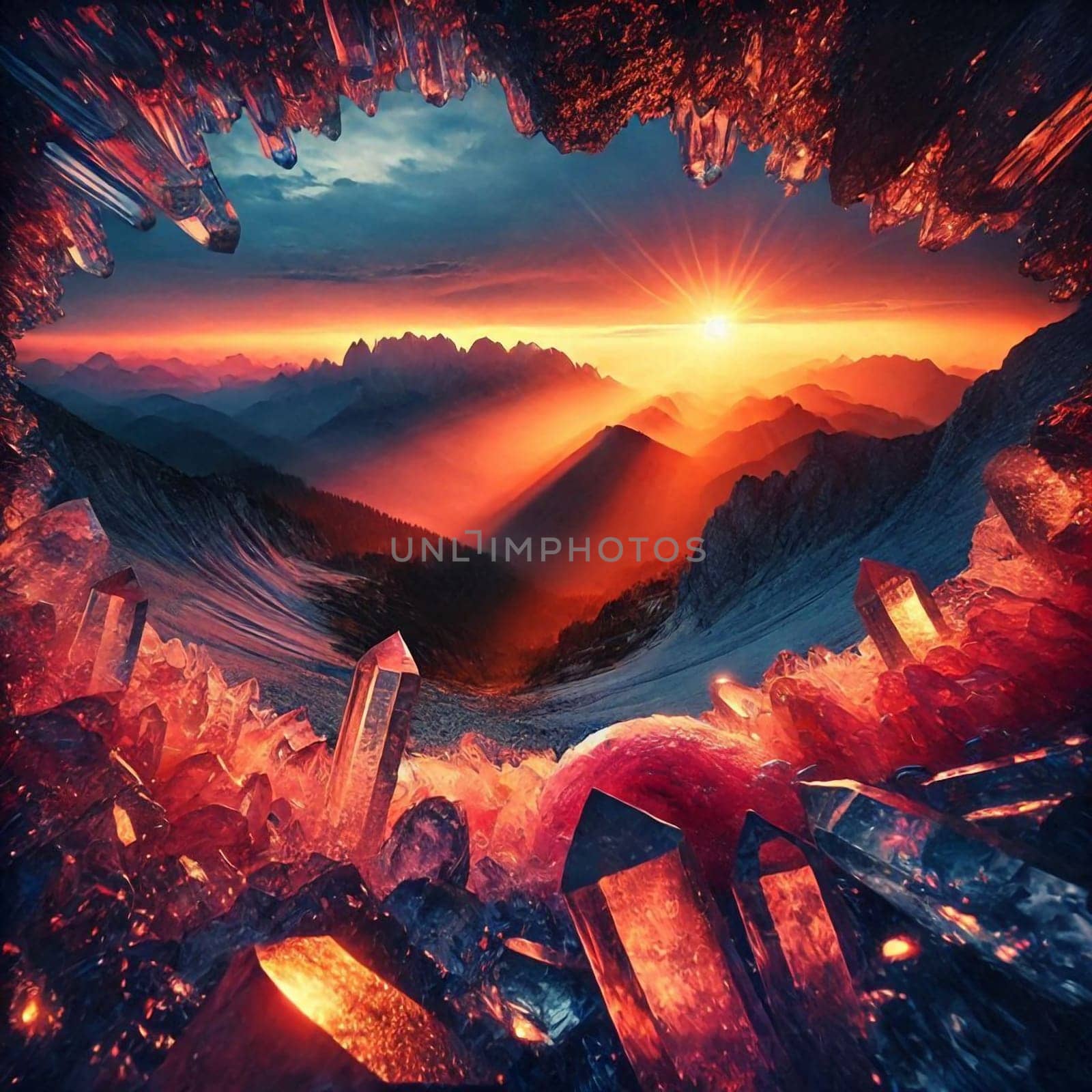 A dramatic sunset viewed through a cavern of glowing red crystals. Mountains are visible in the distance. A high-quality AI-generated photo.