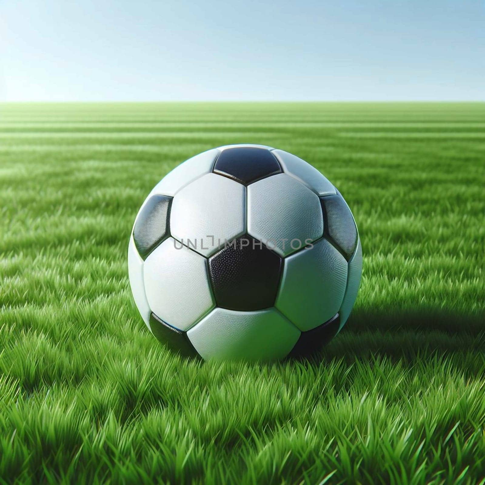 A classic black and white soccer ball rests on a lush green field under a bright sky. A high-quality AI-generated photo.