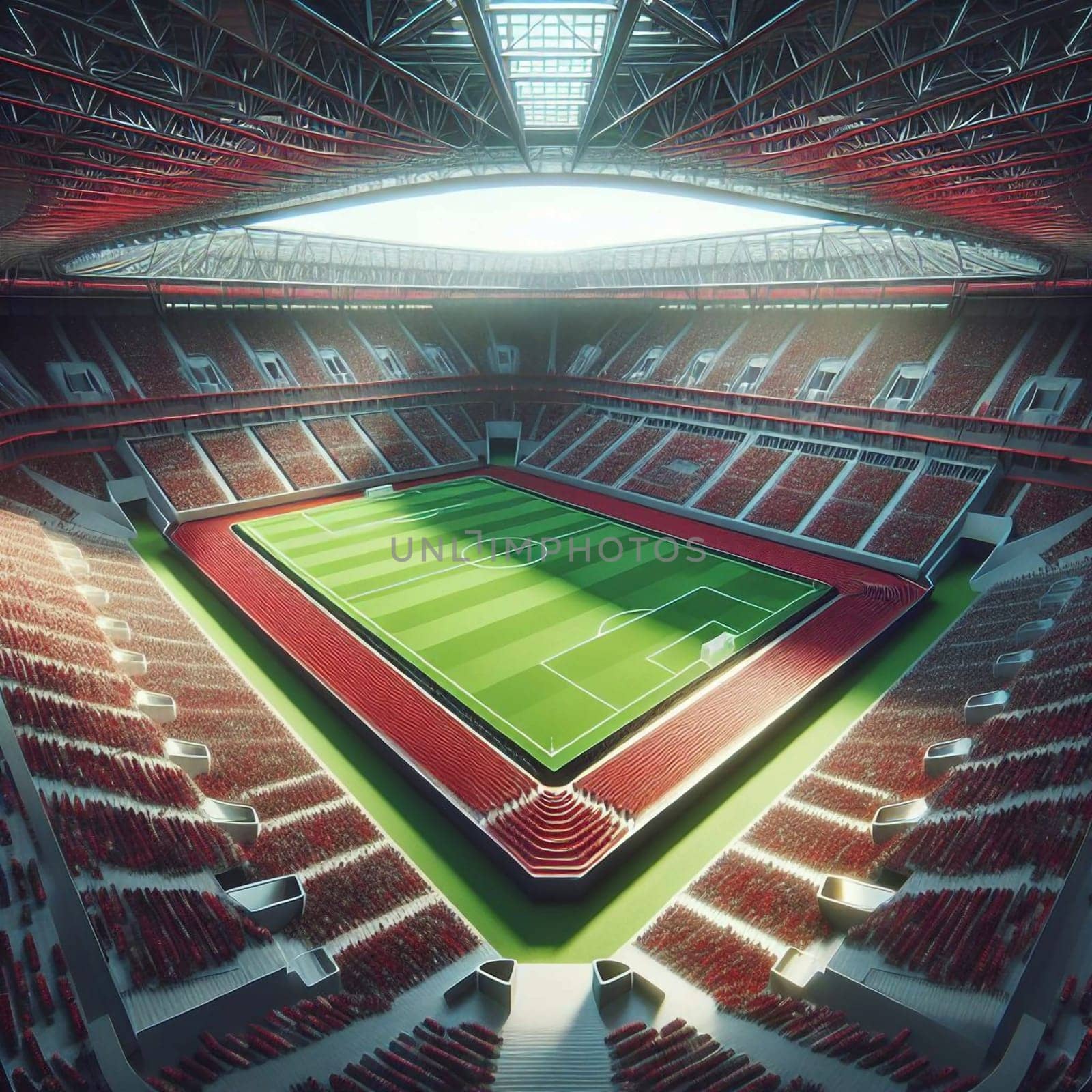 Aerial view of a modern soccer stadium with red seats and a green field, with bright sunlight illuminating the scene. A high-quality AI-generated photo.