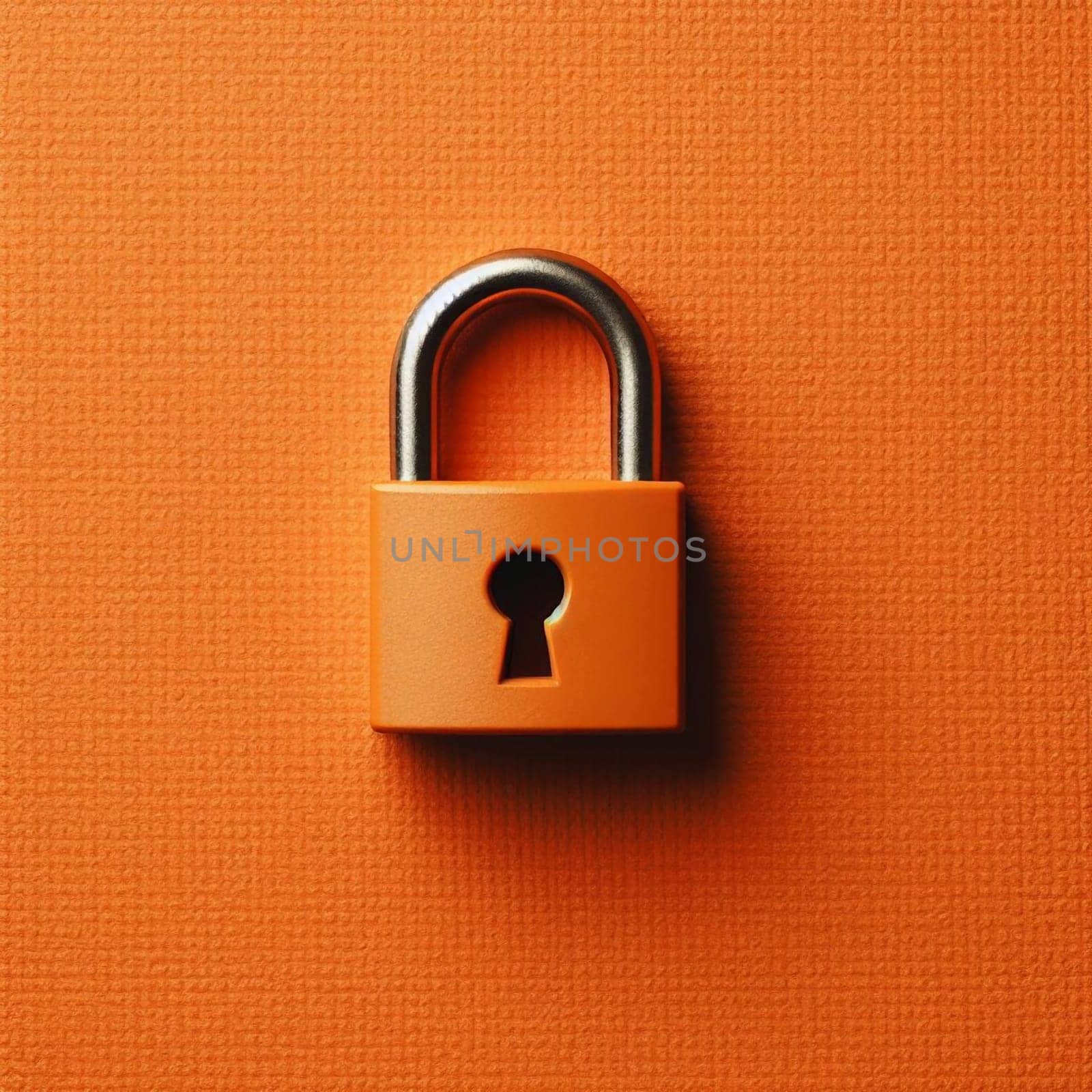 A single orange padlock on an orange textured background, representing security and privacy. A high-quality AI-generated photo.