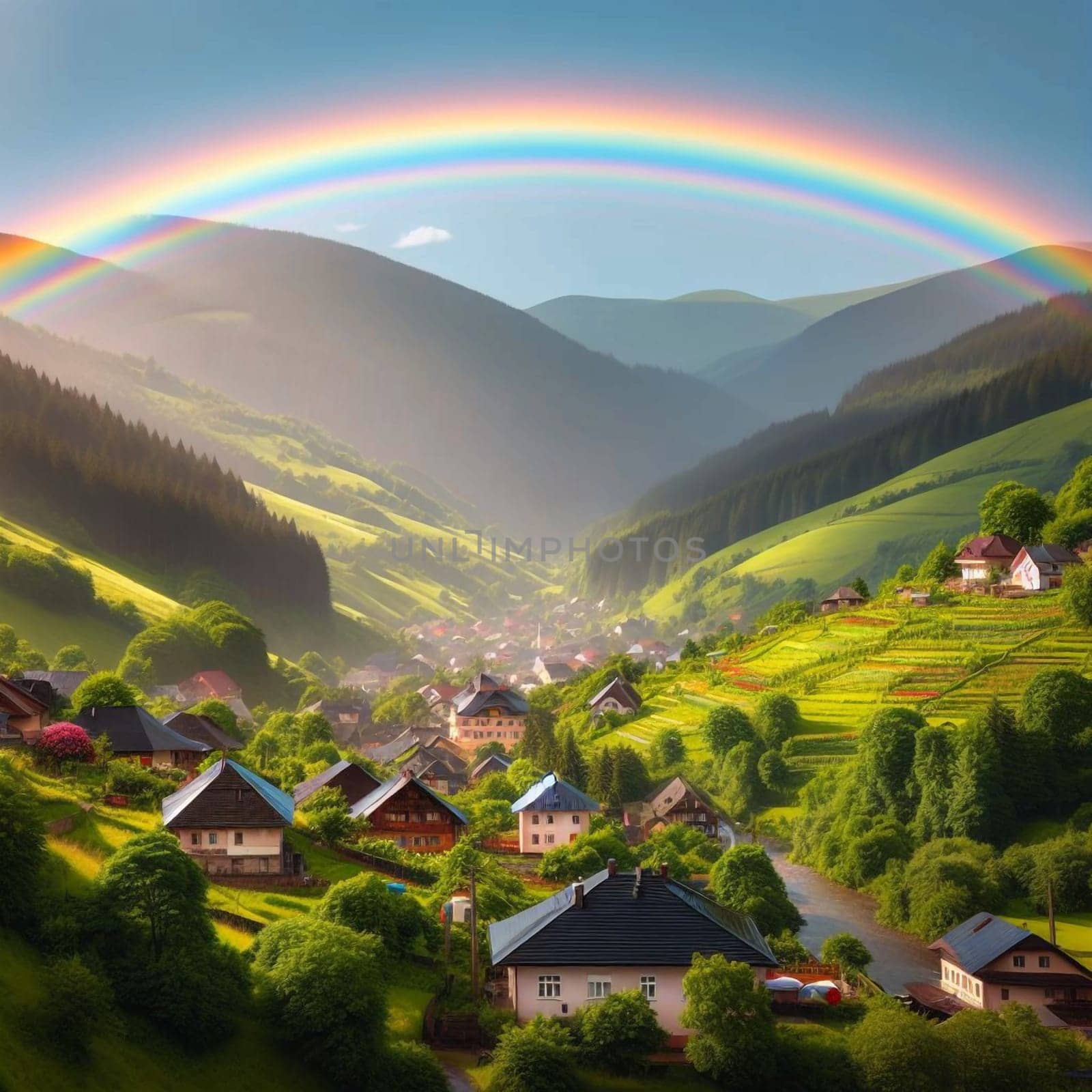 A picturesque village nestled in a valley, with a vibrant rainbow arching over the rolling hills and lush greenery. A high-quality AI-generated photo.