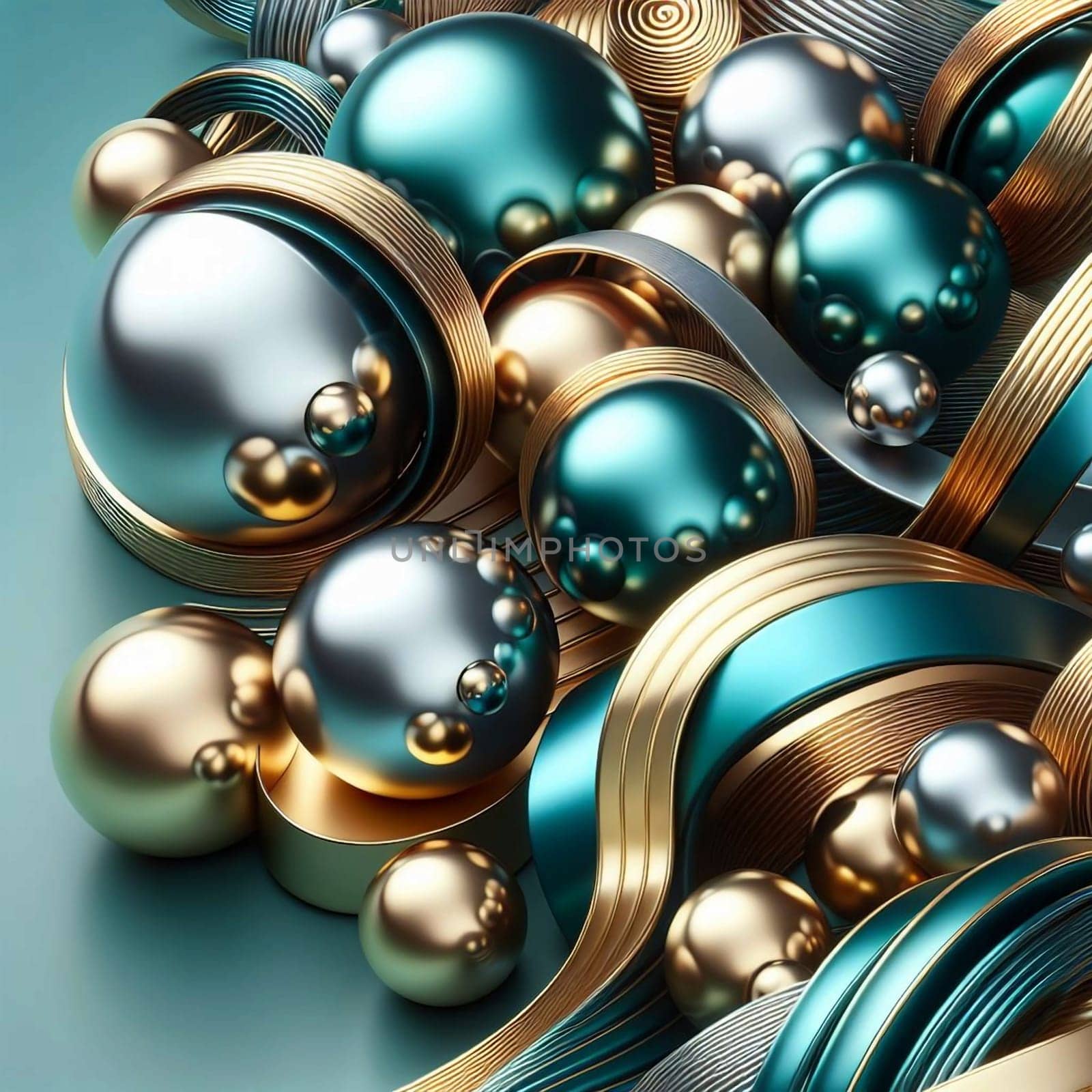 Abstract image of metallic spheres and curved lines in teal, silver, and gold, creating a luxurious and dynamic composition. A high-quality AI-generated photo.