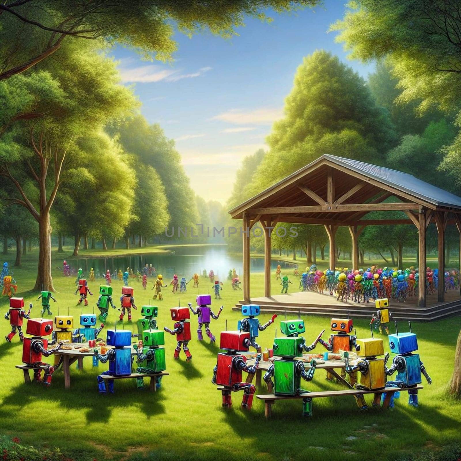 Whimsical illustration of colorful robots having a picnic in a park setting. A high-quality AI-generated photo.