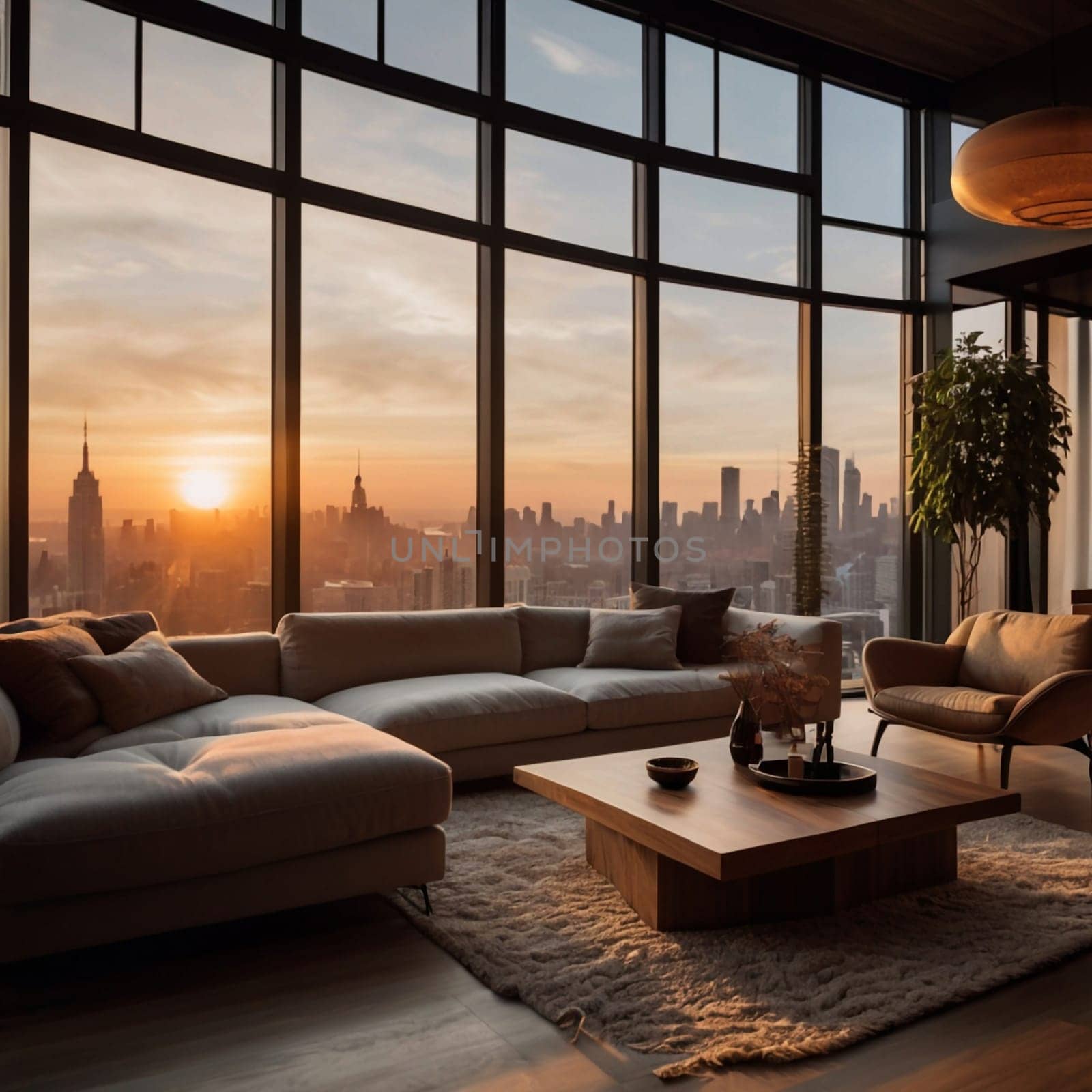 A modern living room with large windows offering a panoramic city view at sunset. A high-quality AI-generated photo.