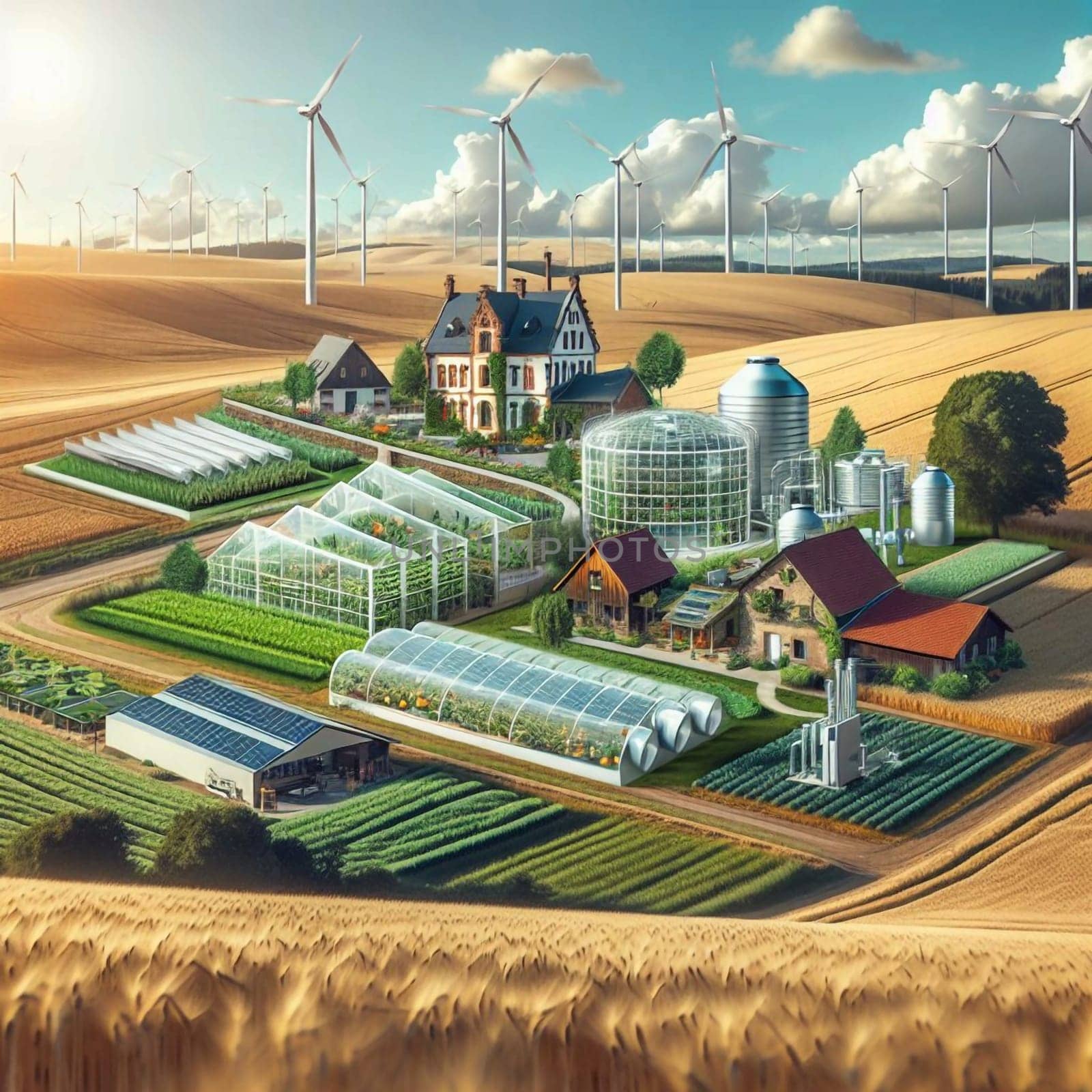 A futuristic farm with various sustainable technologies, including wind turbines, greenhouses, and solar panels. A high-quality AI-generated photo.