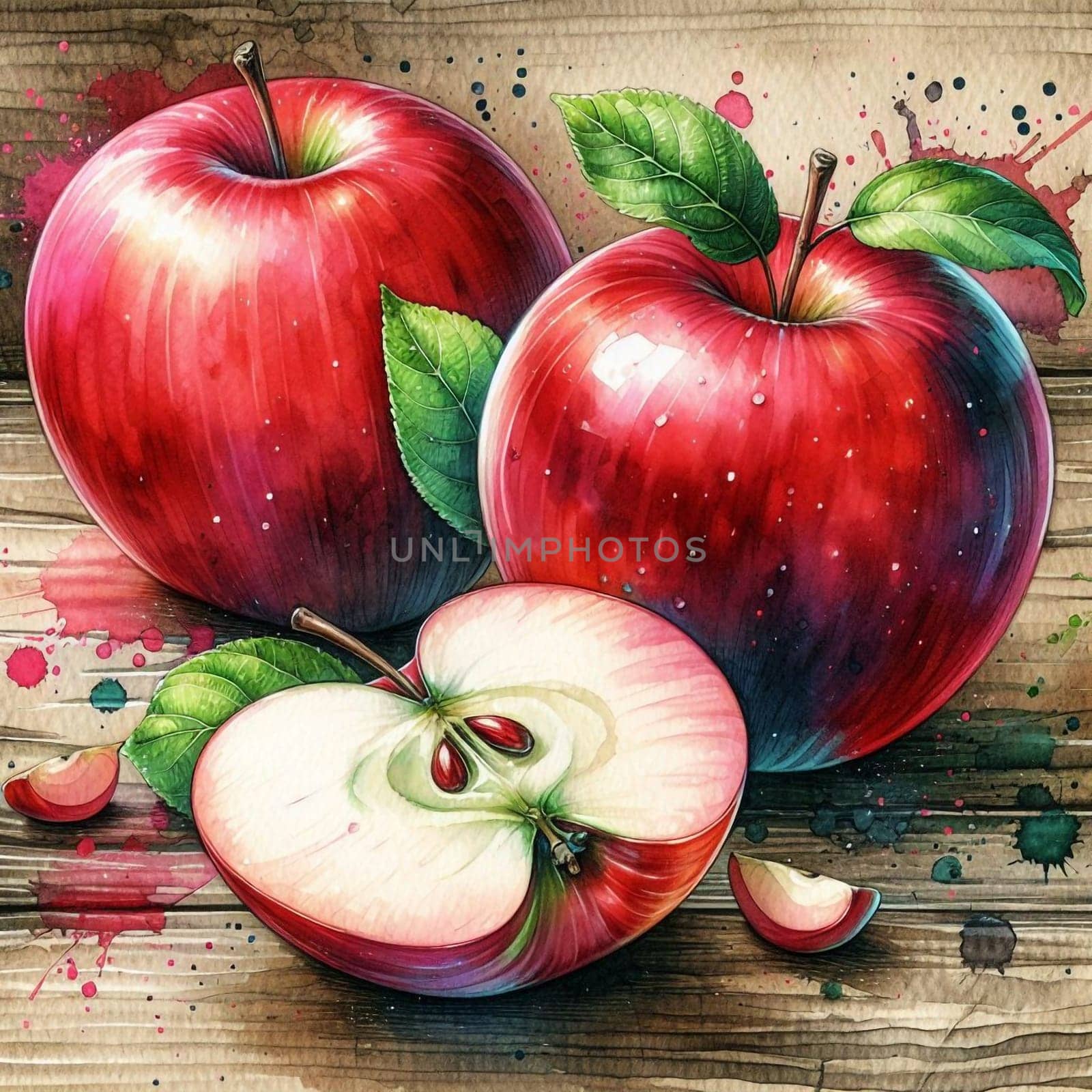 Watercolor painting of two red apples and a sliced apple on a wooden surface. A high-quality AI-generated photo.