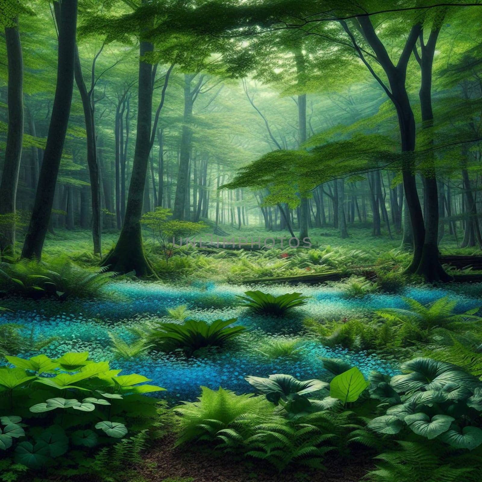 A mystical forest scene with a path leading into a dense forest with lush green foliage and blue flowers. A high-quality AI-generated photo.