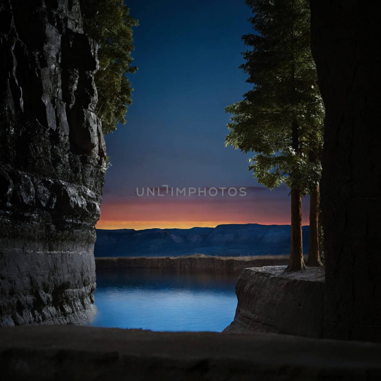 View of a tranquil lake at twilight from a rocky alcove with trees, showcasing a colorful sunset over distant mountains. A high-quality AI-generated photo.