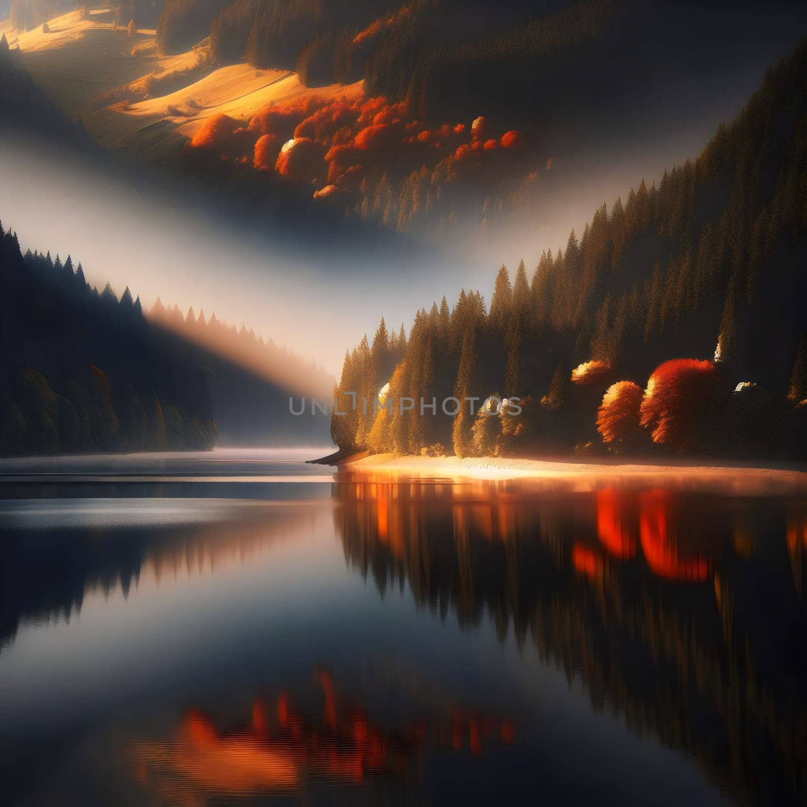 A serene lake reflects the colors of an autumn forest and mountain range. A high-quality AI-generated photo.