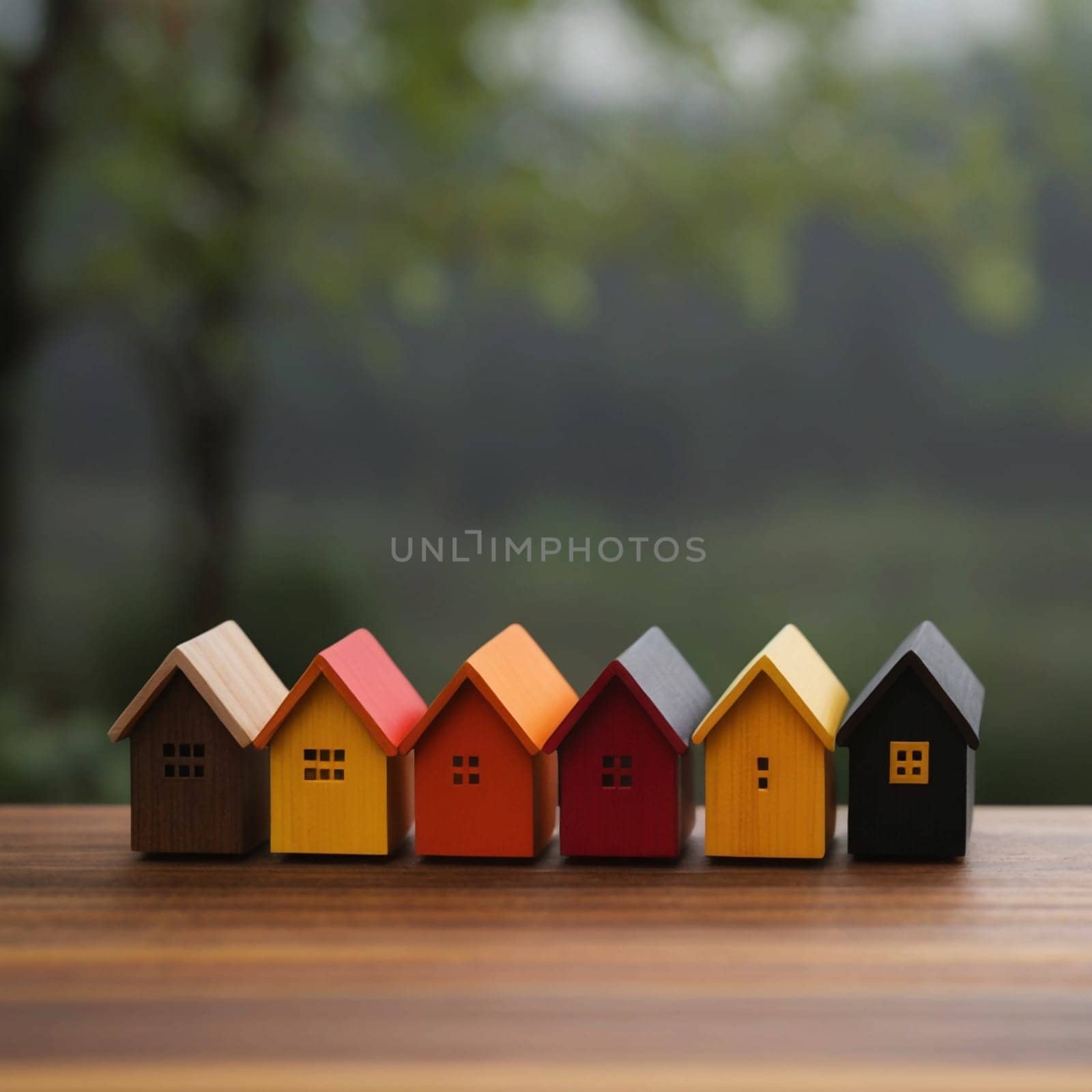 Six colorful miniature houses in a row on a wooden surface, with a blurred green background. A high-quality AI-generated photo.