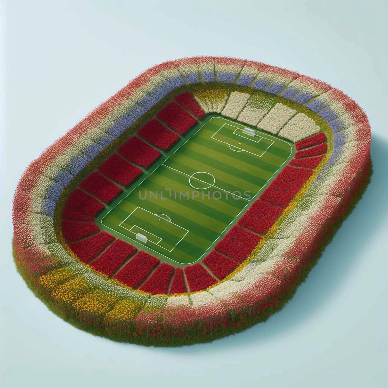 A soccer field made entirely of flowers, with different colored sections representing the seats in a stadium. A high-quality AI-generated photo.