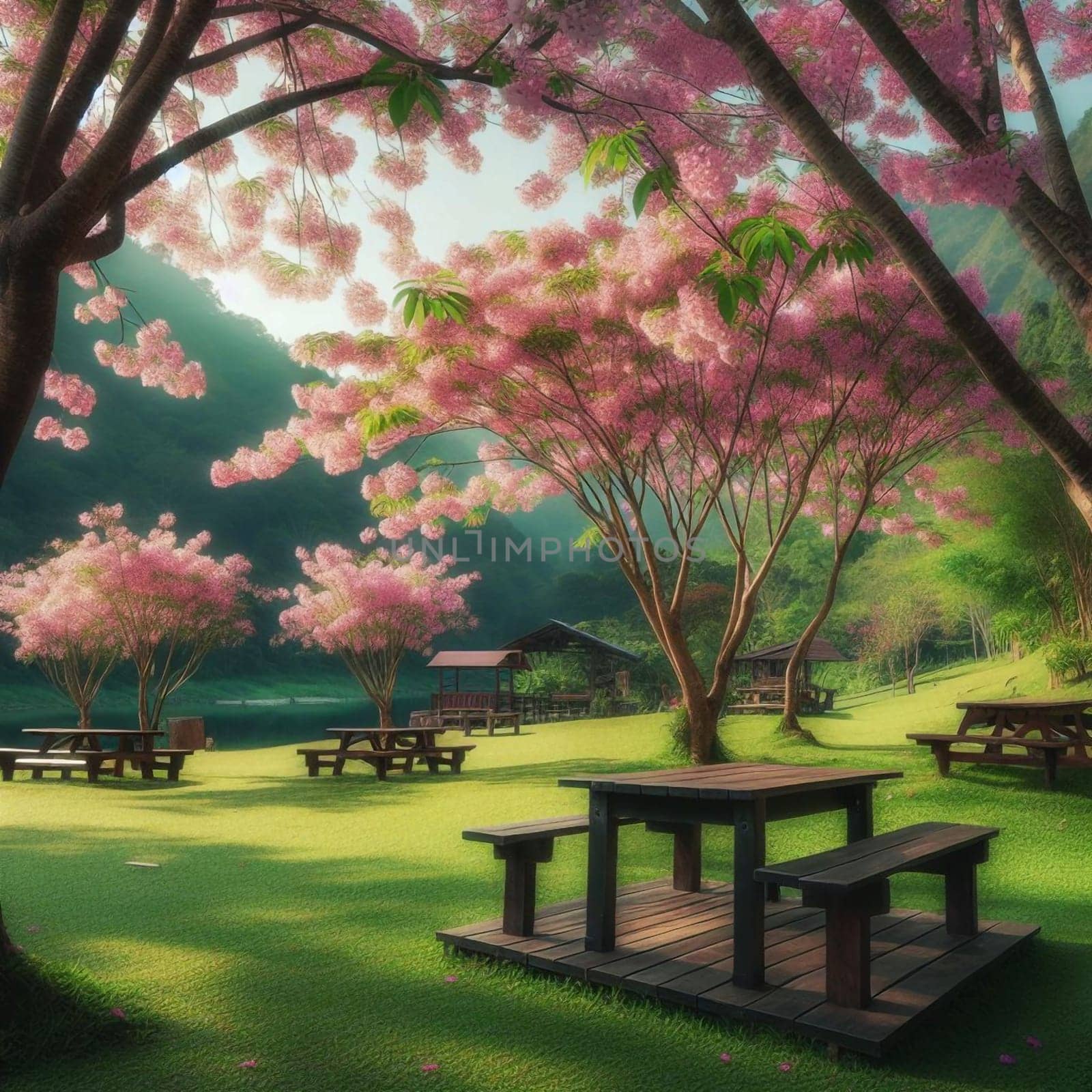 Picnic tables are set beneath pink flowering trees by a calm body of water, with green grass and a mountain backdrop. A high-quality AI-generated photo.