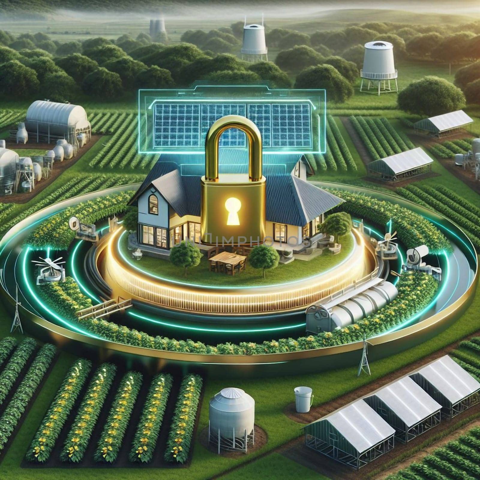A futuristic smart farm with a house at its center, surrounded by various agricultural technologies and a golden padlock symbol, representing security. A high-quality AI-generated photo.