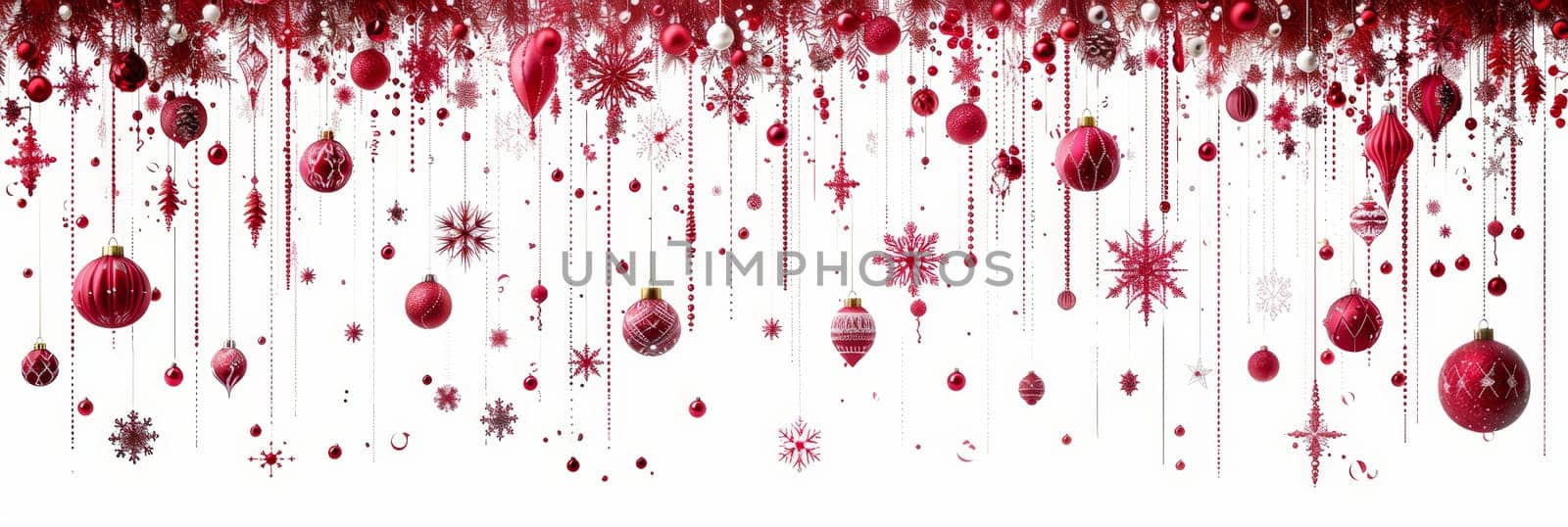 Colorful red ornaments and snowflakes hang elegantly against a white background, creating a vibrant and festive holiday spirit for celebrations and decorations.