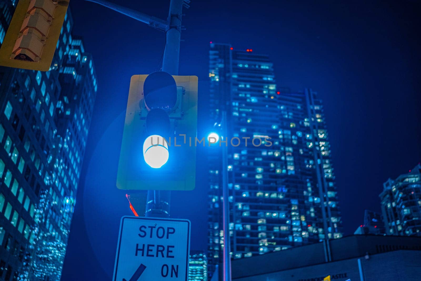 blue night traffic light. Shooting Location: Toronto