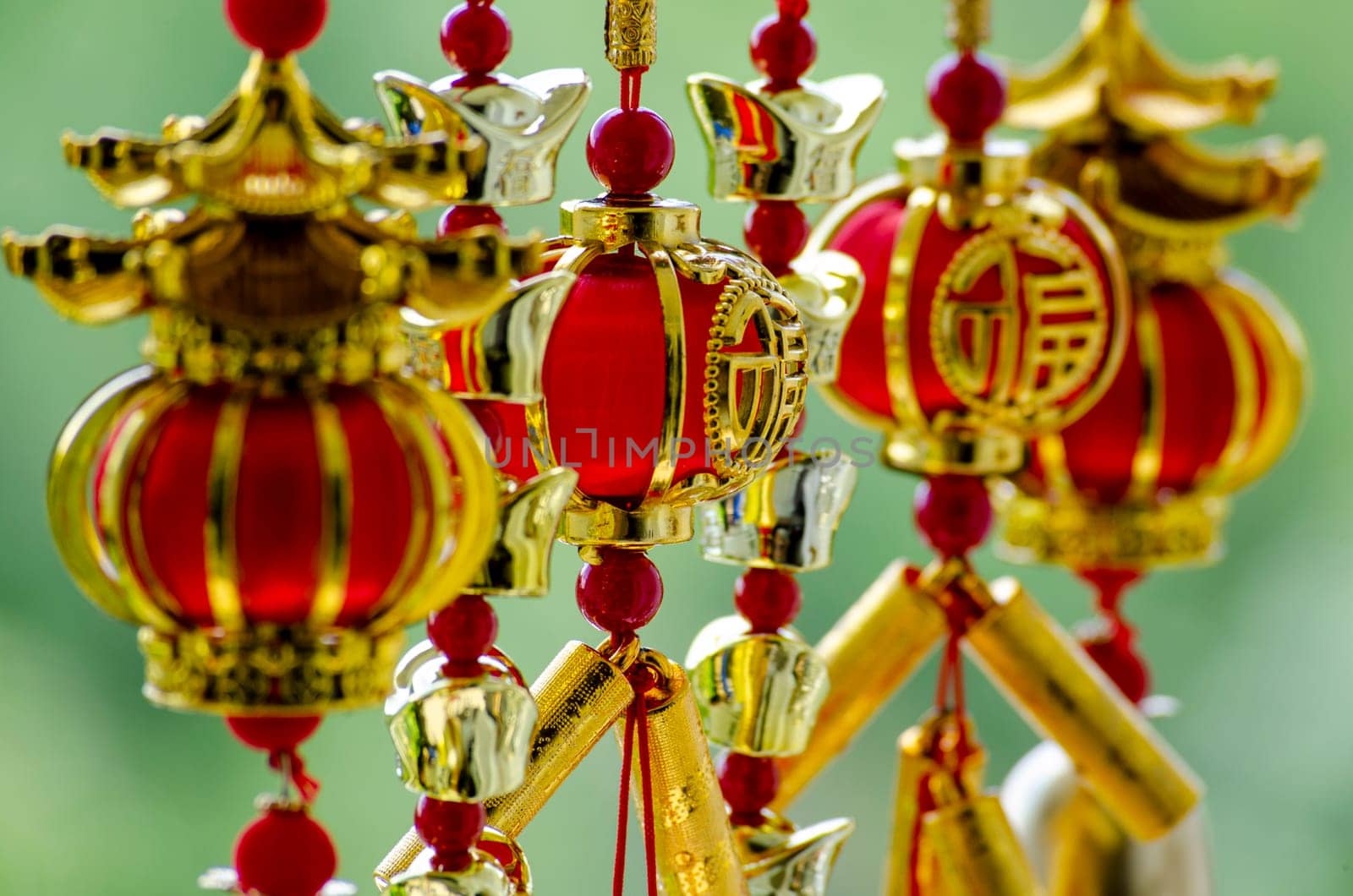 Chinese New Year lanterns and decoration with Chinese word meaning Good Fortune and Blessing. Chinese New Year celebration concept