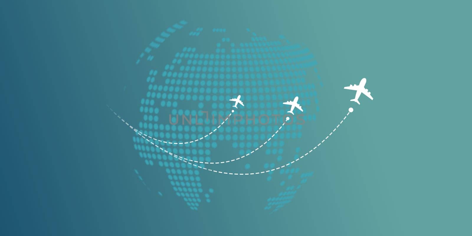 Planes routes white flying over world map, Tourism and travel concept, Dotted lines and location icons, Around the world via aircraft travel concept, Global transport connectivity routes.