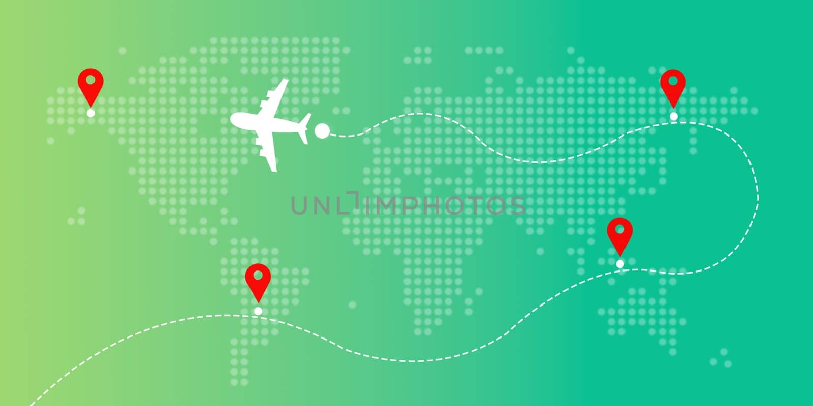 Planes routes white flying over world map, Tourism and travel concept, Global transport connectivity routes,  Dotted lines and location icons, Around the world via aircraft travel concept.