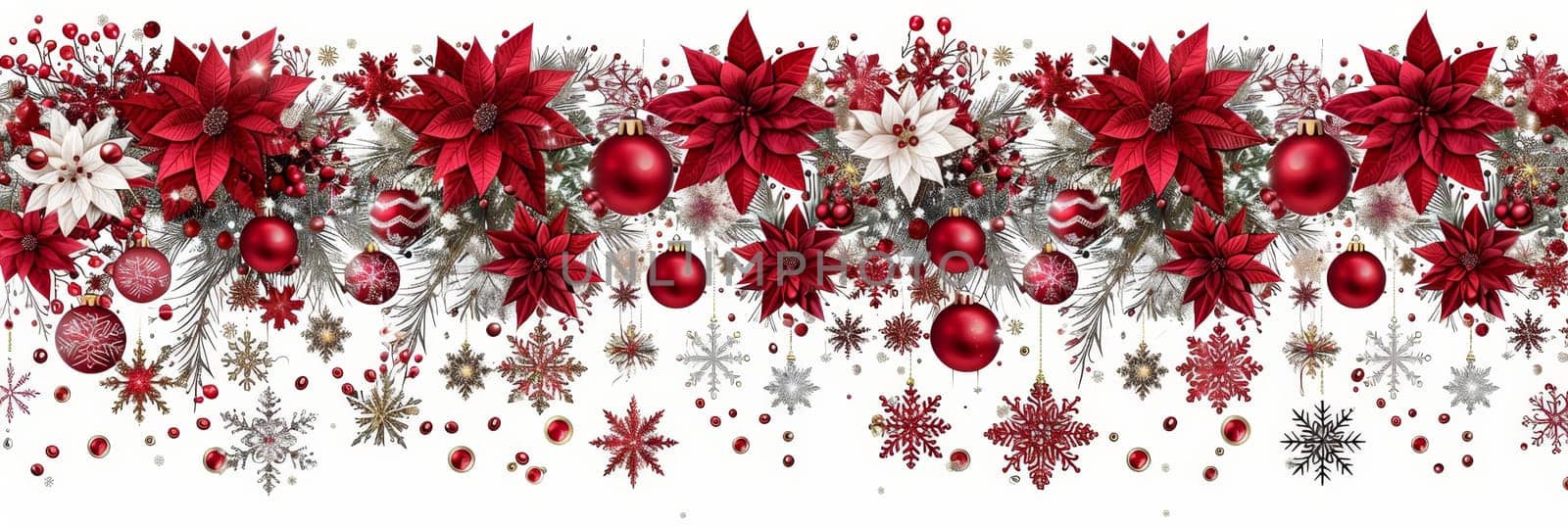 A vibrant display of red poinsettias, shiny ornaments, and intricate snowflakes creates a joyful atmosphere, perfect for holiday festivities and winter celebrations throughout December.