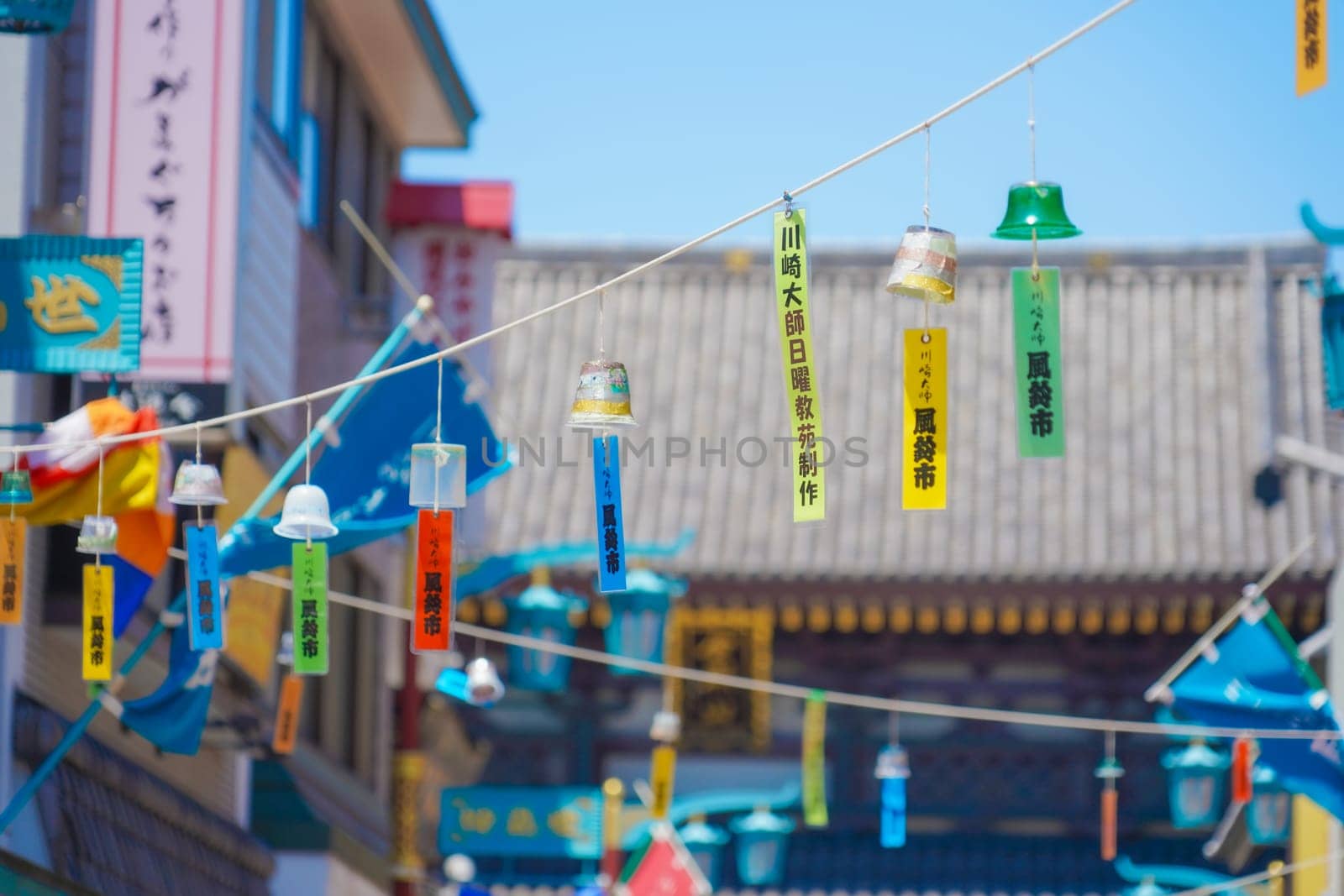 Colorful wind chimes and blue sky. Shooting Location: Kawasaki City, Kanagawa Prefecture