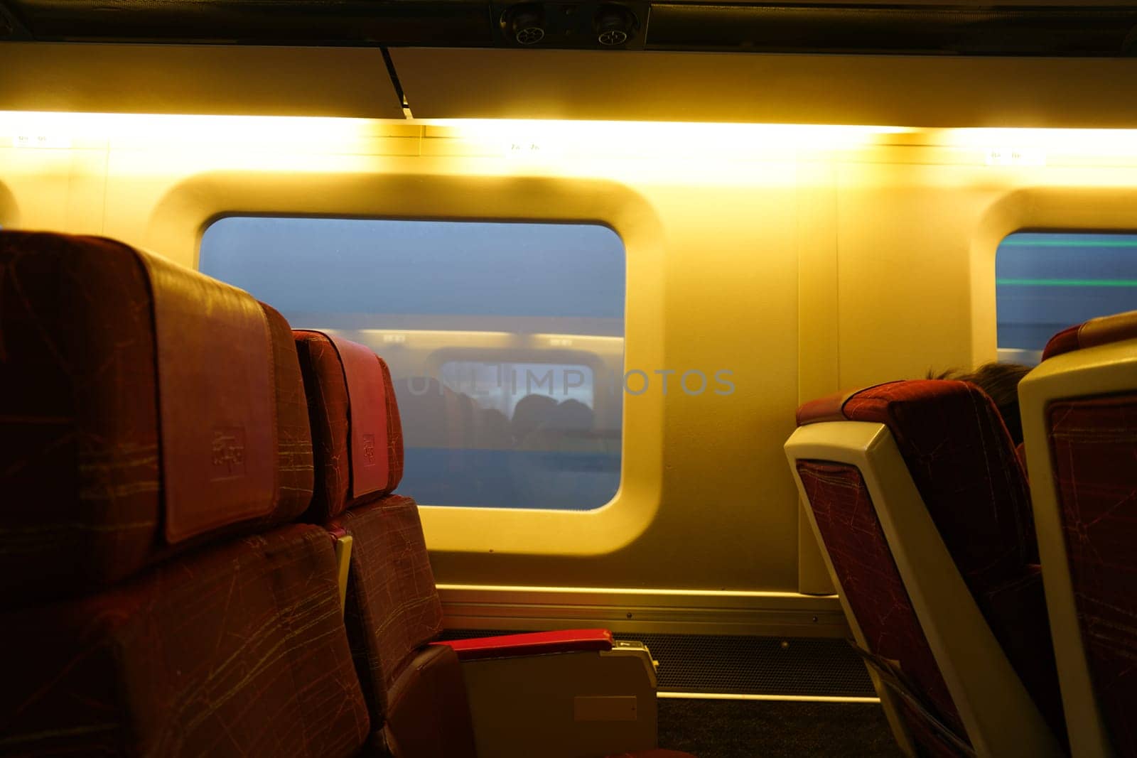 Inside the train at dusk. Shooting Location: Toronto