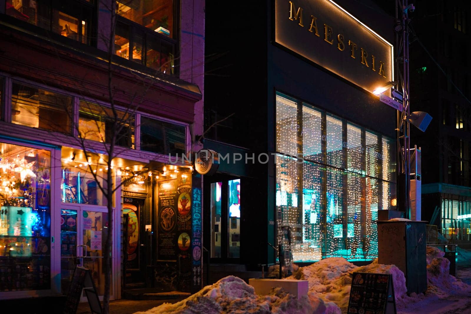 Cafe and illumination at night. Shooting Location: montreal, canada