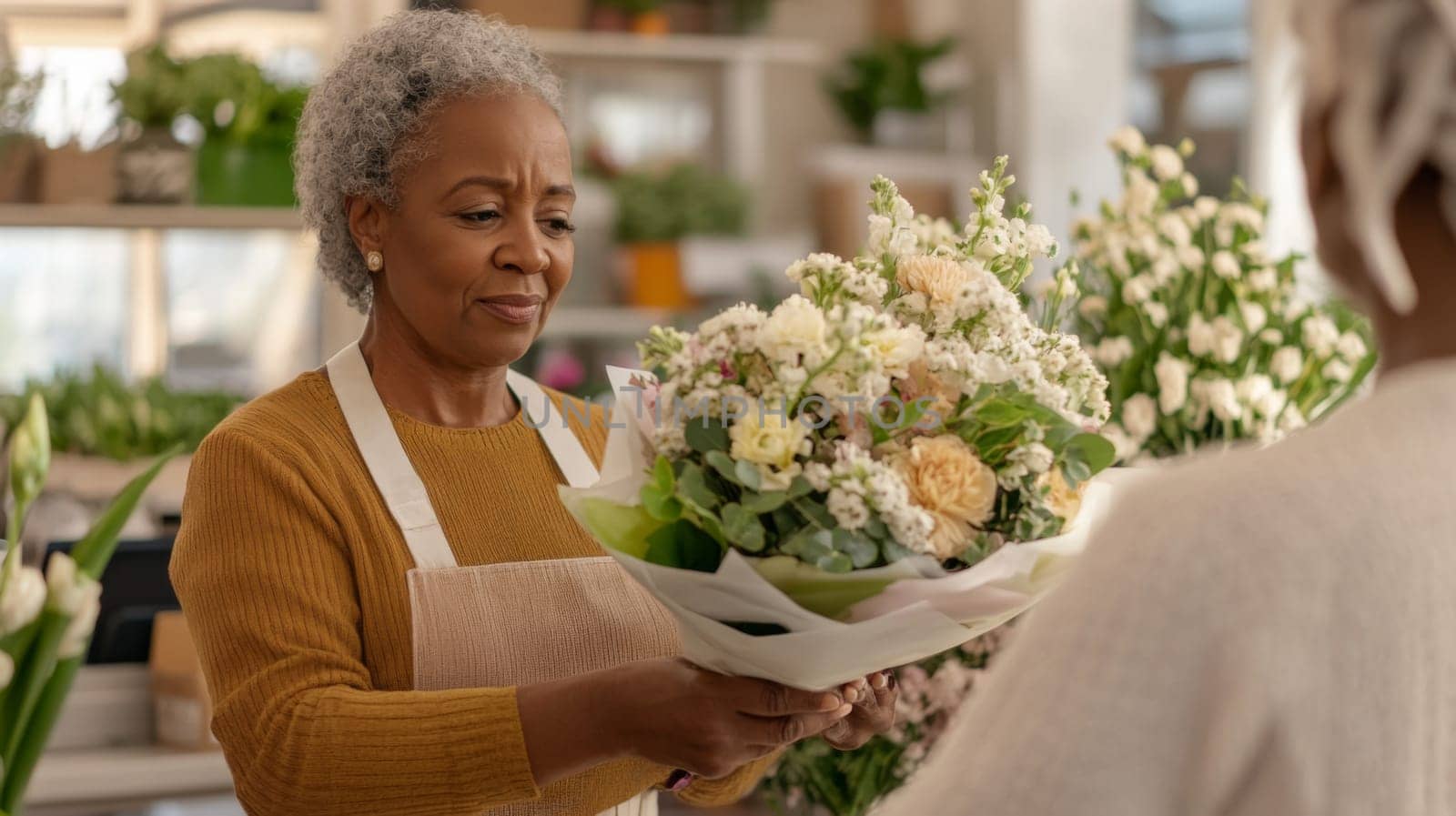 African american mature florist woman creates bouquet of flowers in flower store, AI Generated