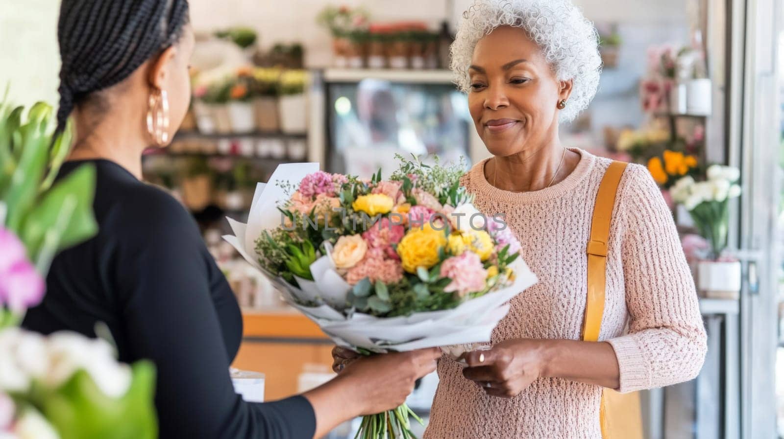African american mature florist woman creates bouquet of flowers in flower store, AI Generated
