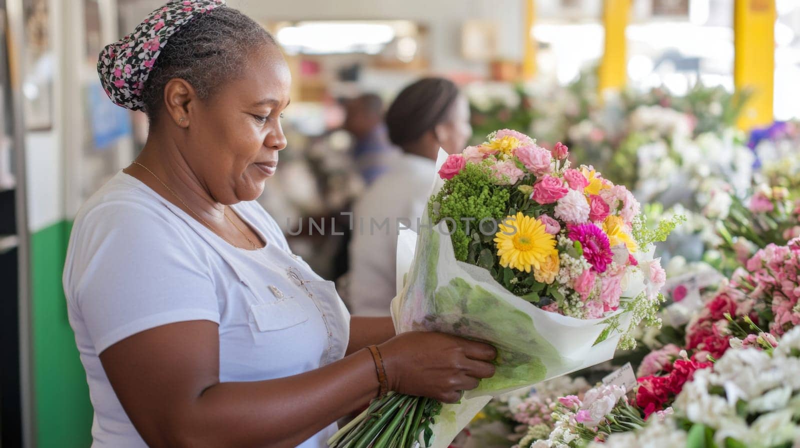 African american mature florist woman creates bouquet of flowers in flower store, AI Generated