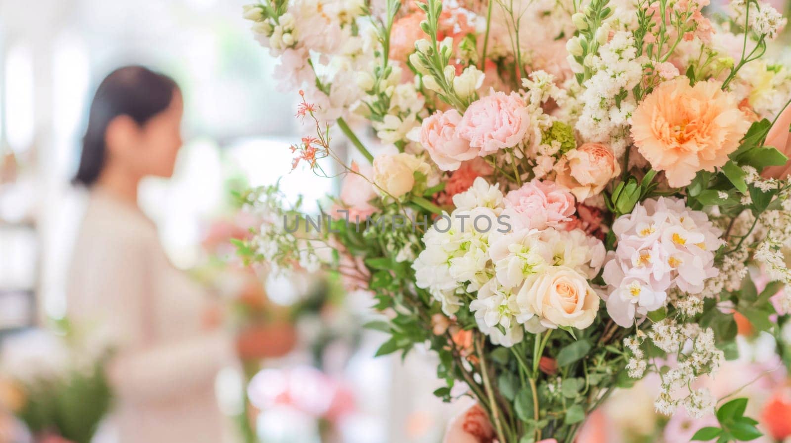 Indian american florist woman creates bouquet of flowers in flower store, AI Generated