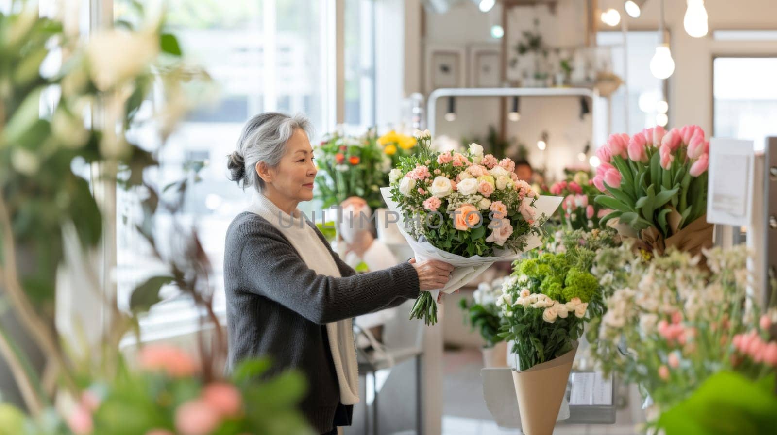Asian american mature florist woman creates bouquet of flowers in flower store, AI Generated