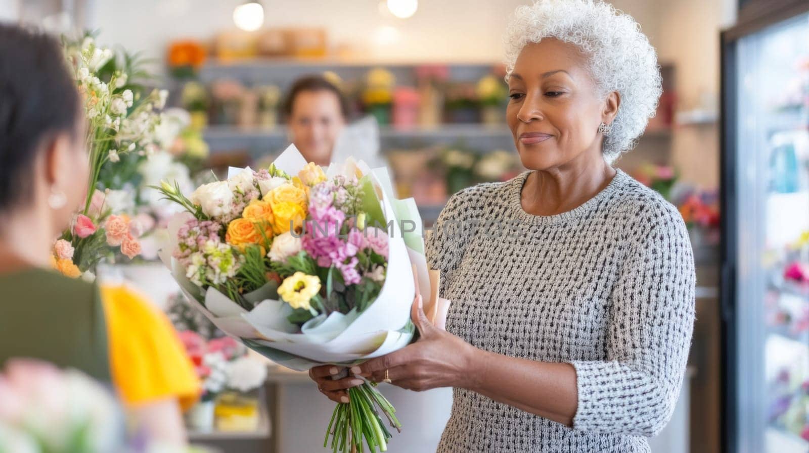 African american mature florist woman creates bouquet of flowers in flower store, AI Generated