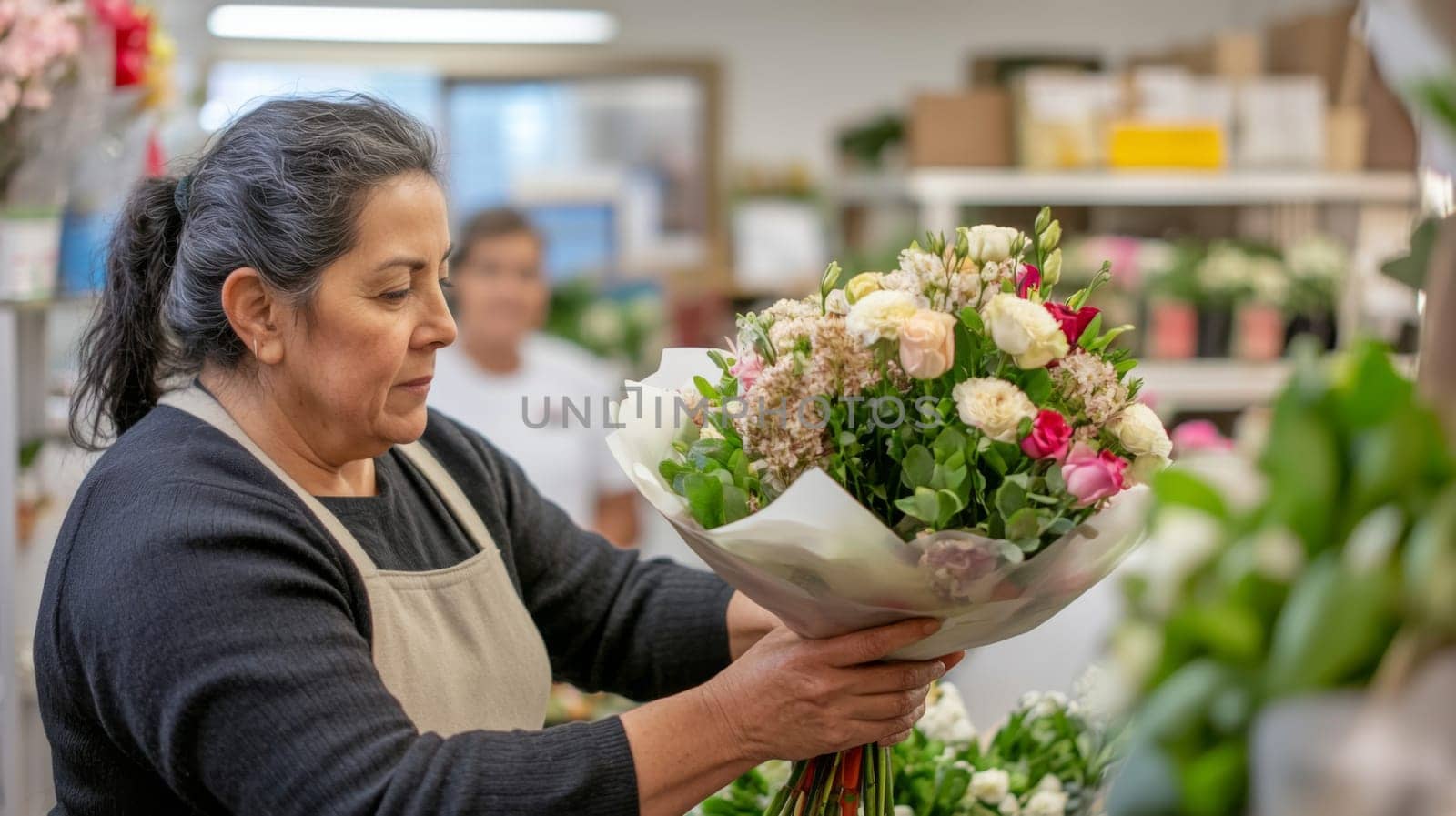 Latin american mature florist woman creates bouquet of flowers in flower store, AI Generated