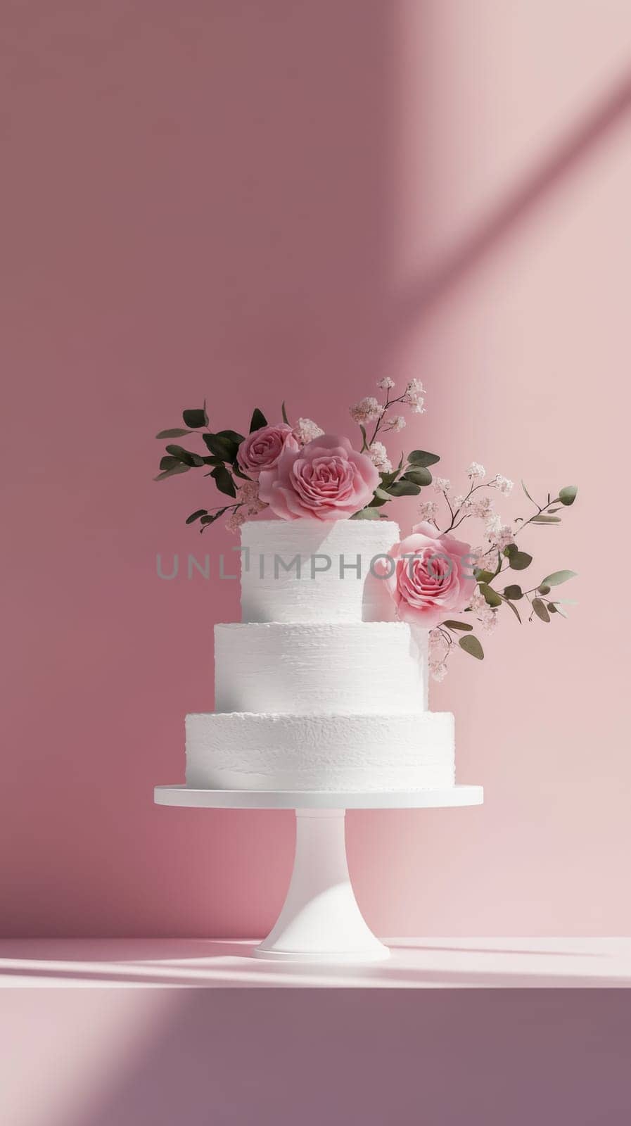 Wedding cake with beautiful flowers on solid pastel color background, copy space, AI Generated
