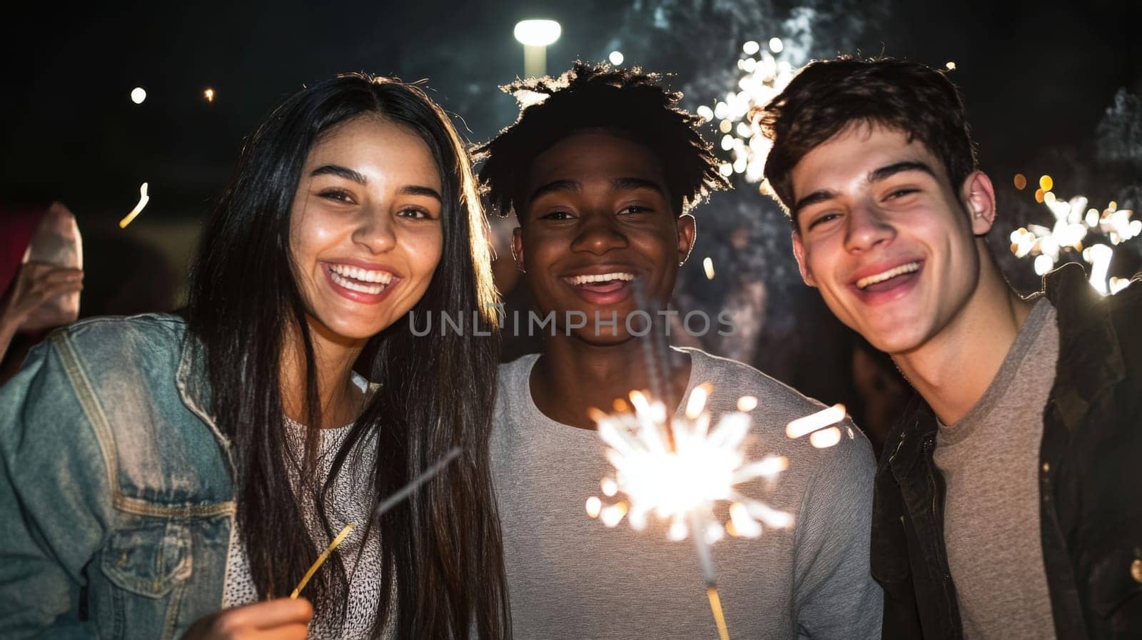 Group of multiracial adults celebrating New Year with sparklers outdoors, joyful winter scene, AI generated