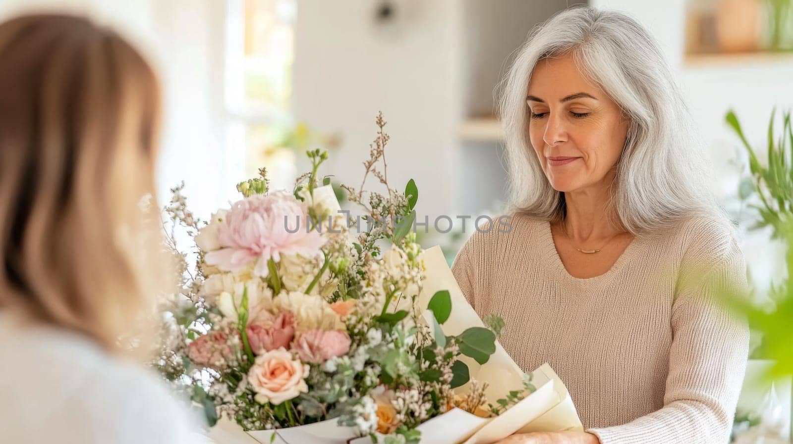 Mature florist woman creates bouquet of flowers in flower store, AI Generated