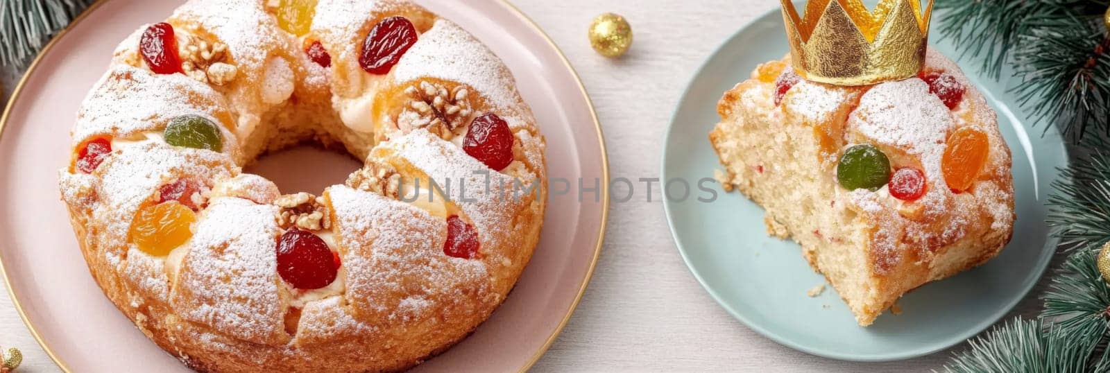 Three kings holiday festive fruitcake topped with colorful candied fruits on a table, background, AI generated