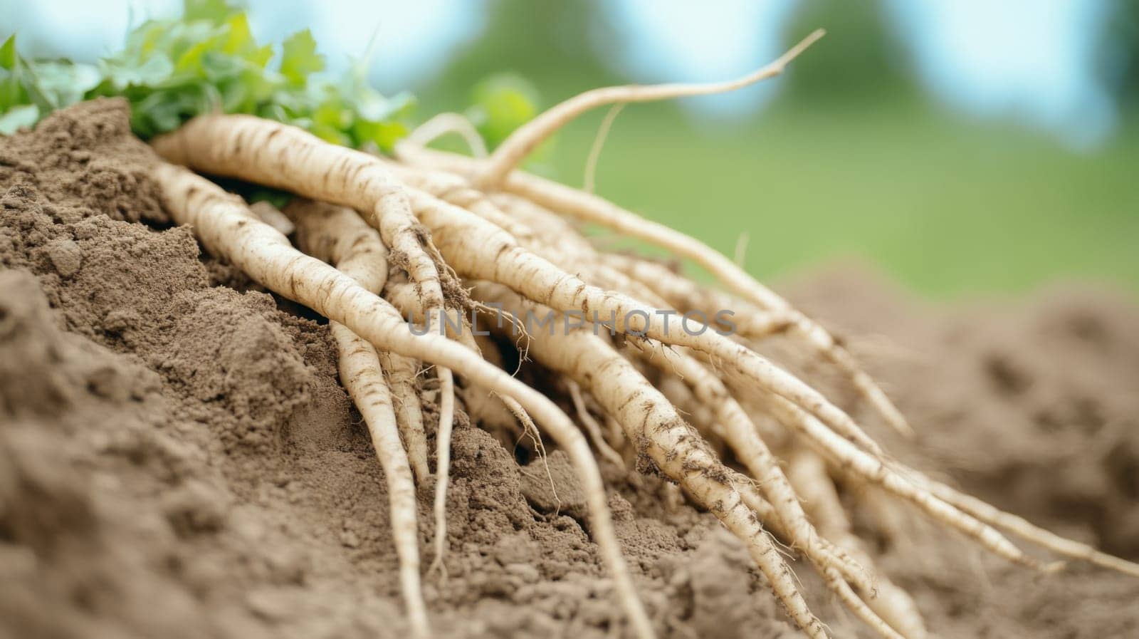 Fresh parsnips with green leaves on rustic wooden surface in natural light, AI generated