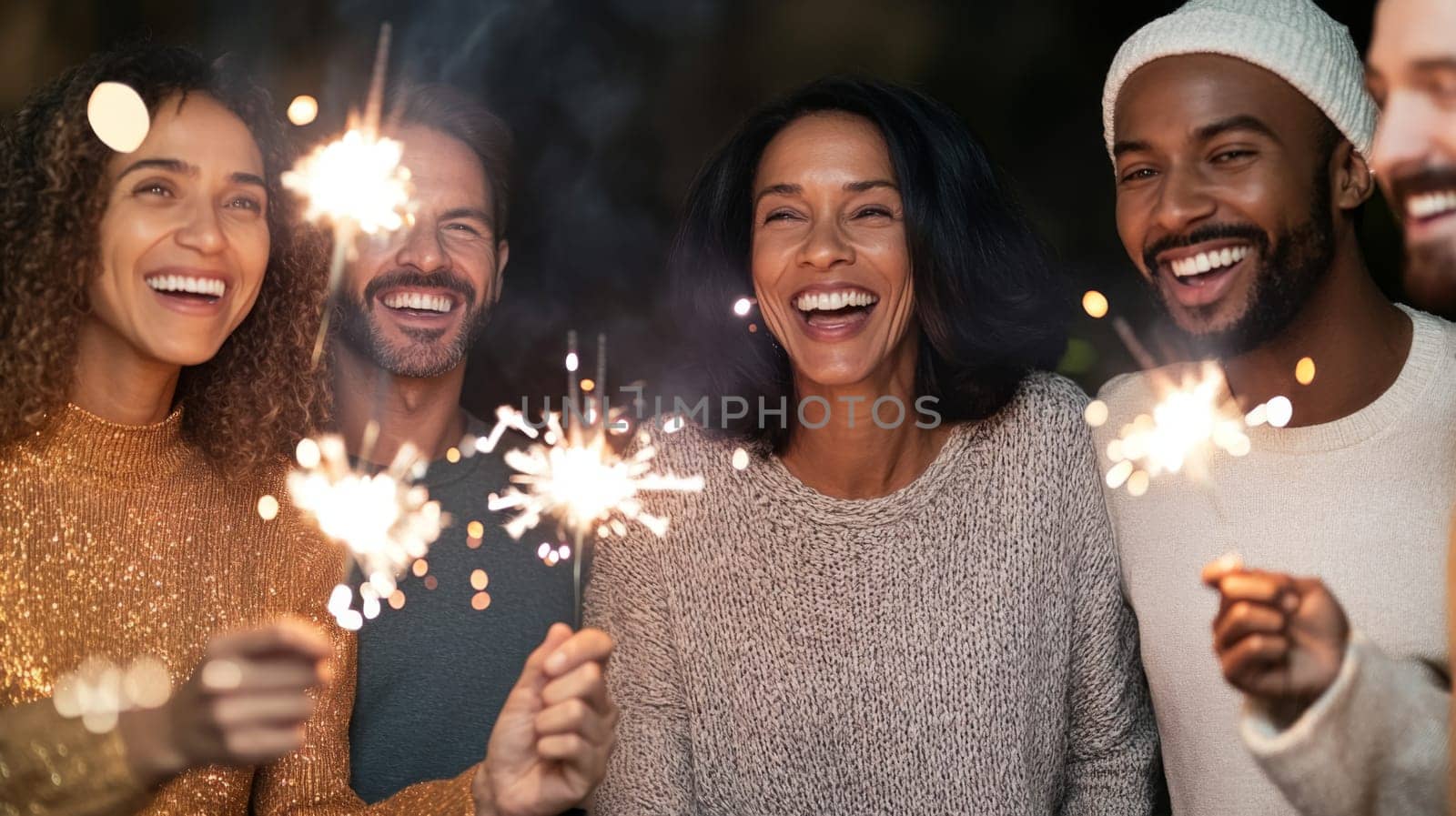 Group of multiracial adults celebrating New Year with sparklers outdoors, joyful winter scene, AI generated