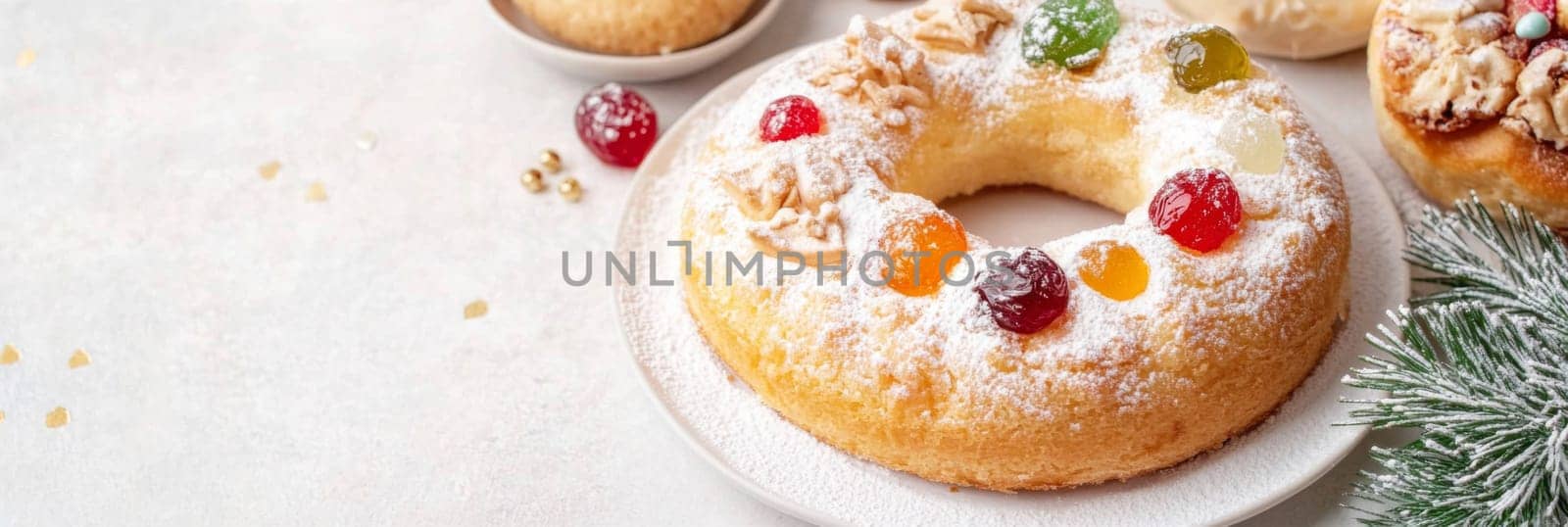 Three kings holiday festive fruitcake topped with colorful candied fruits on a table, background, AI generated