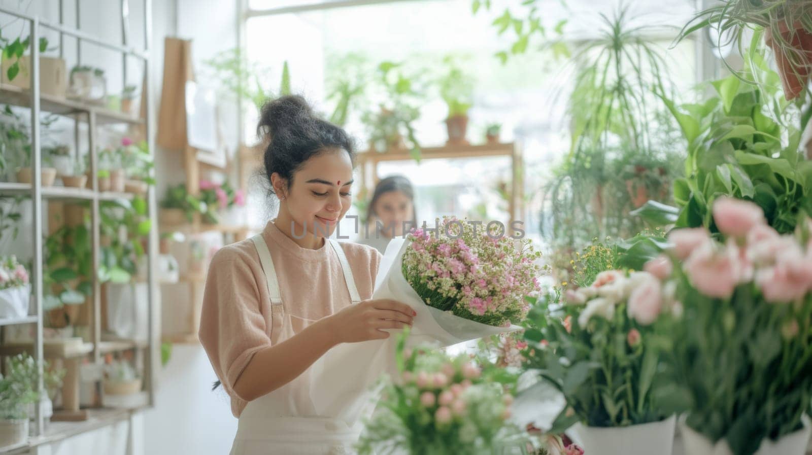 Indian american florist woman creates bouquet of flowers in flower store, AI Generated