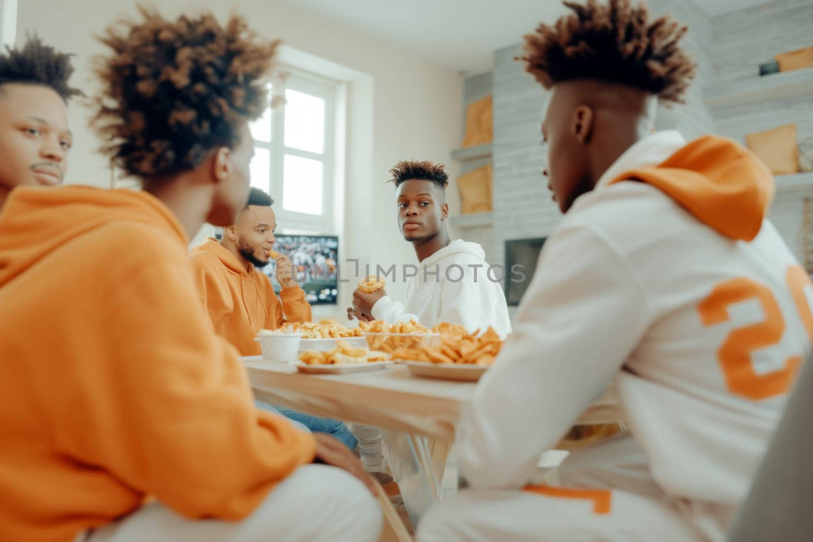 Friends watching Super Bowl football game eating snacks together at home, AI generated