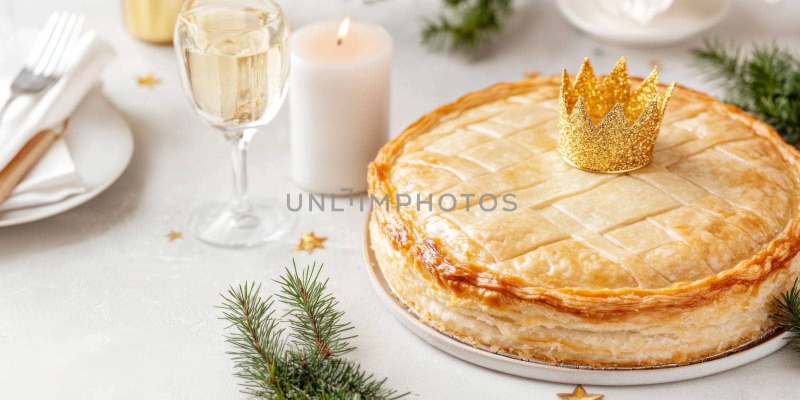 Three kings holiday festive cake topped with golden paper crown on a table, background, AI generated
