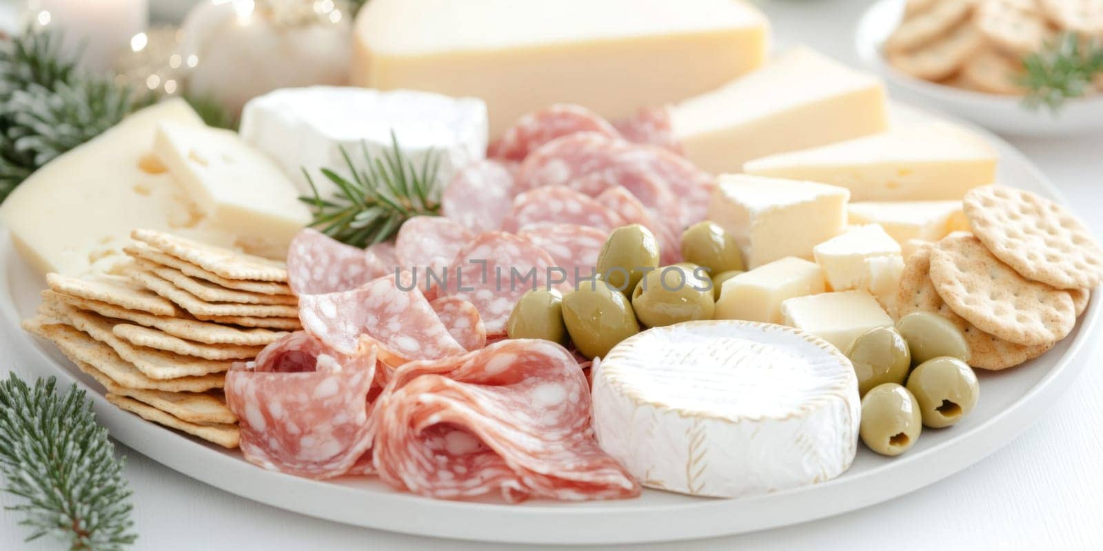 Christmas or New Year holiday charcuterie platter with cheeses, salami, grapes, olives on board, festive background, copy space, AI generated