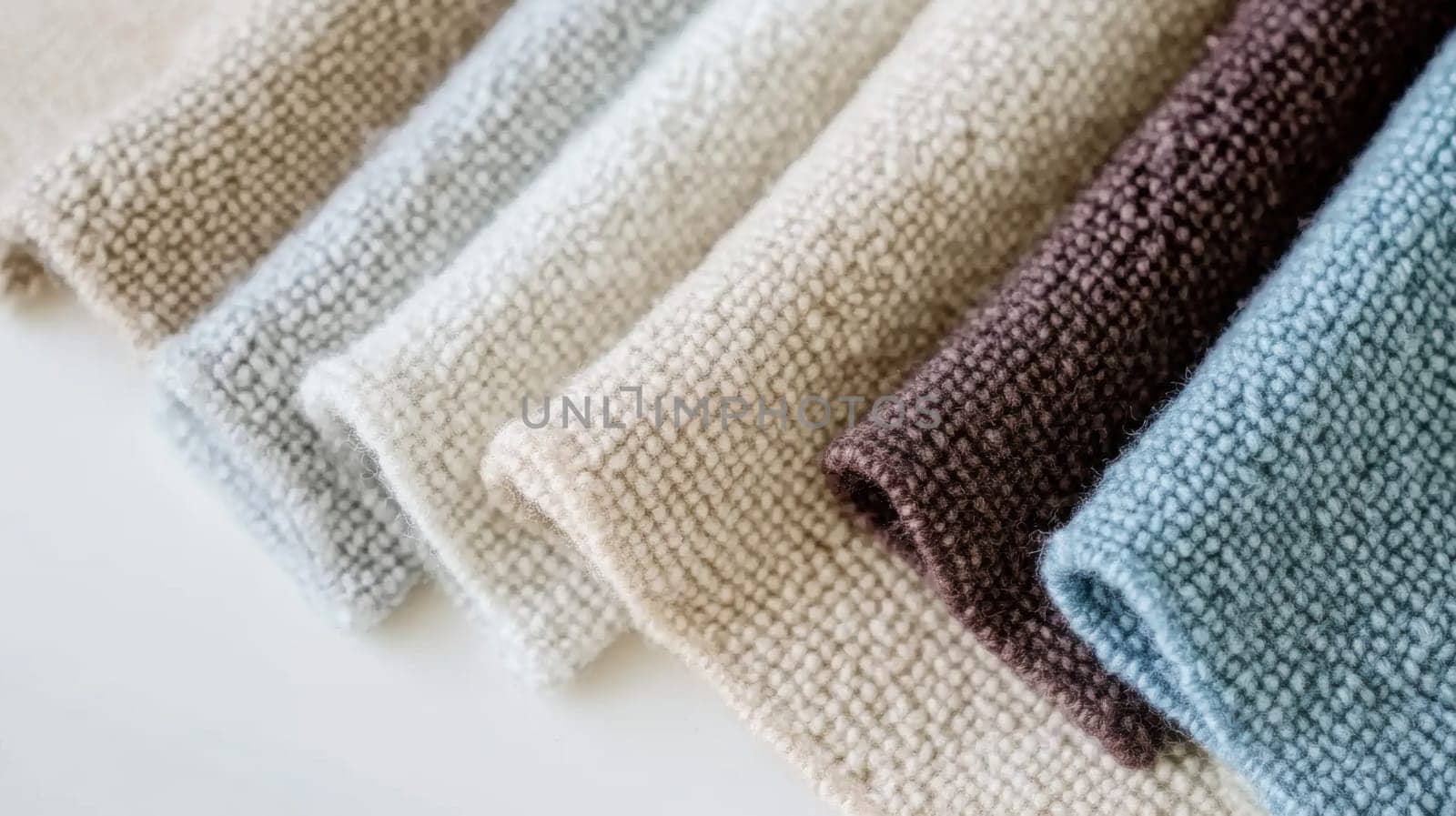 Boucle Fabric samples in various neutral colors close up arranged, texture detail, interior design palette background, AI generated